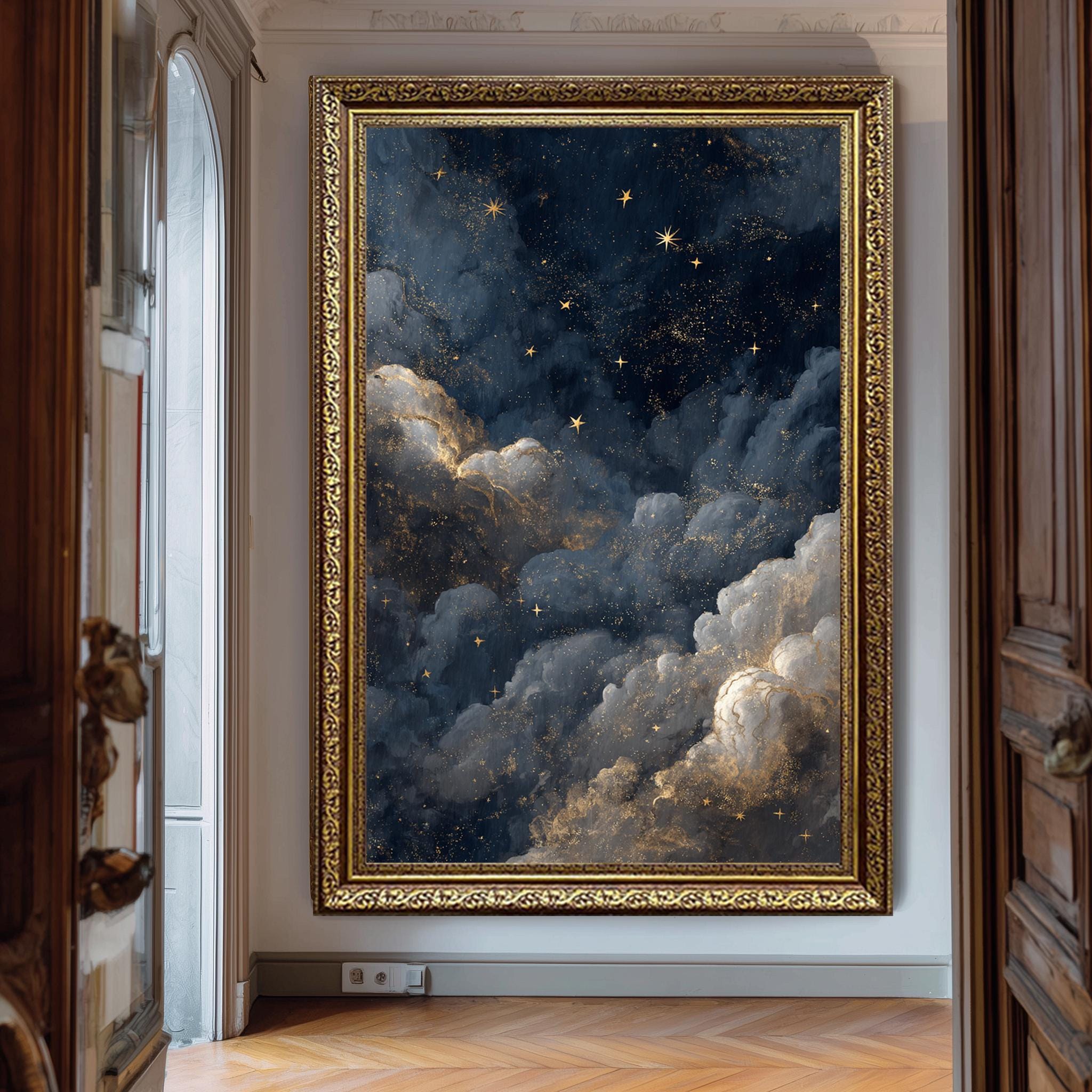 Starry Cloud Wall Art – Celestial Galaxy Cloud Poster with Dark Blue Gold Accents