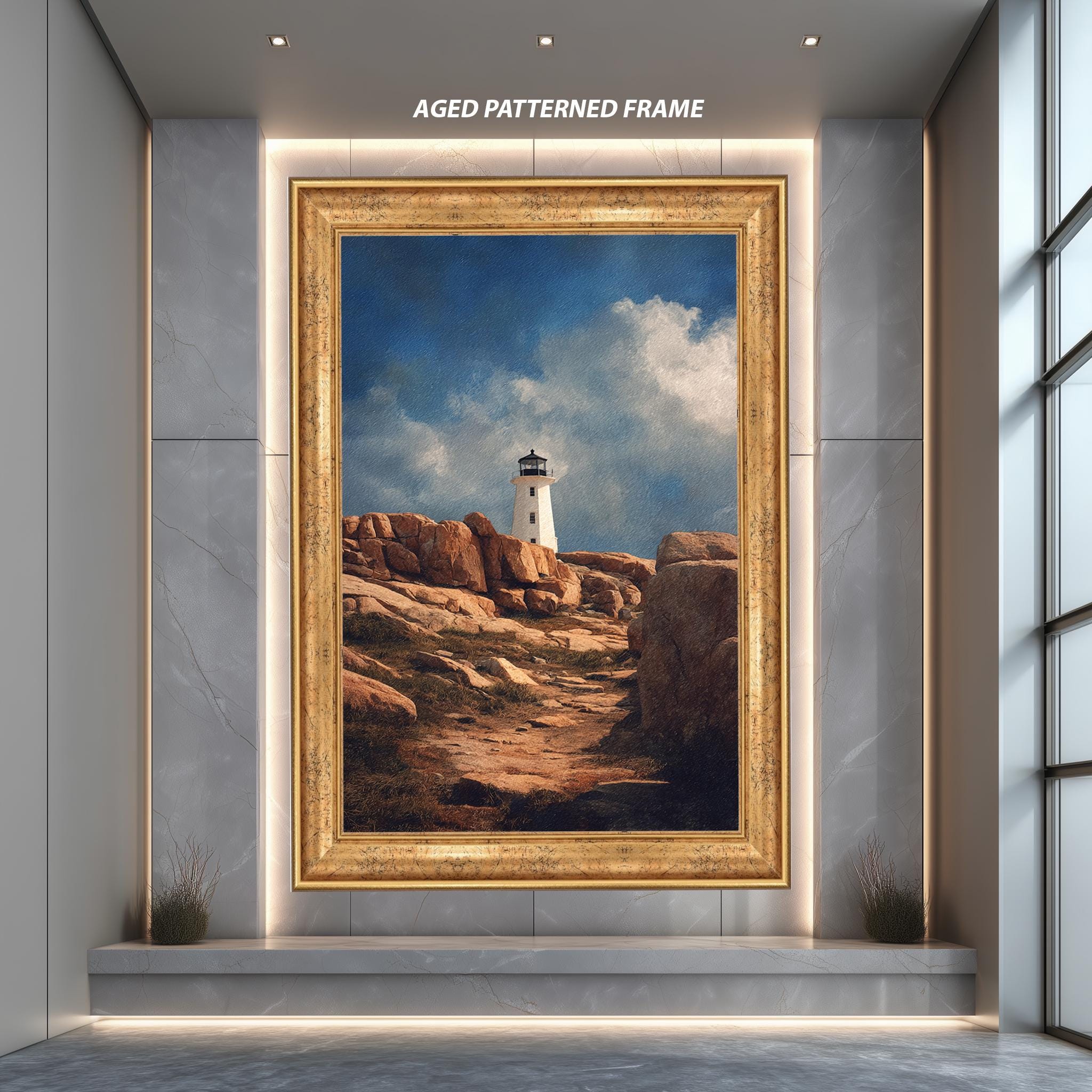 Lighthouse Wall Art – Rustic Coastal Nautical Decor on Rocky Coast Canvas Print