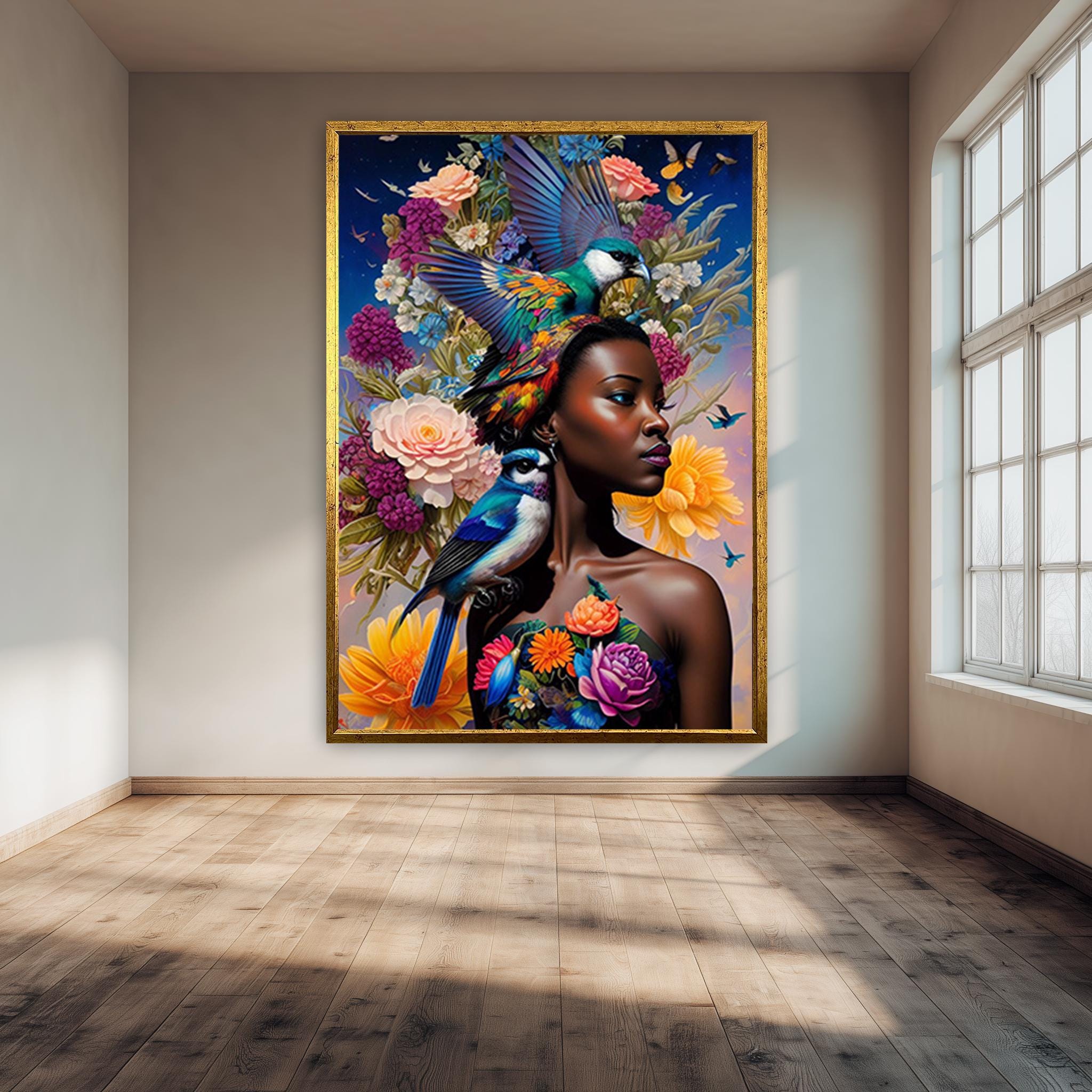 Colorful Canvas Print – Floral Wall Art With Birds | Vibrant Boho Nature Poster