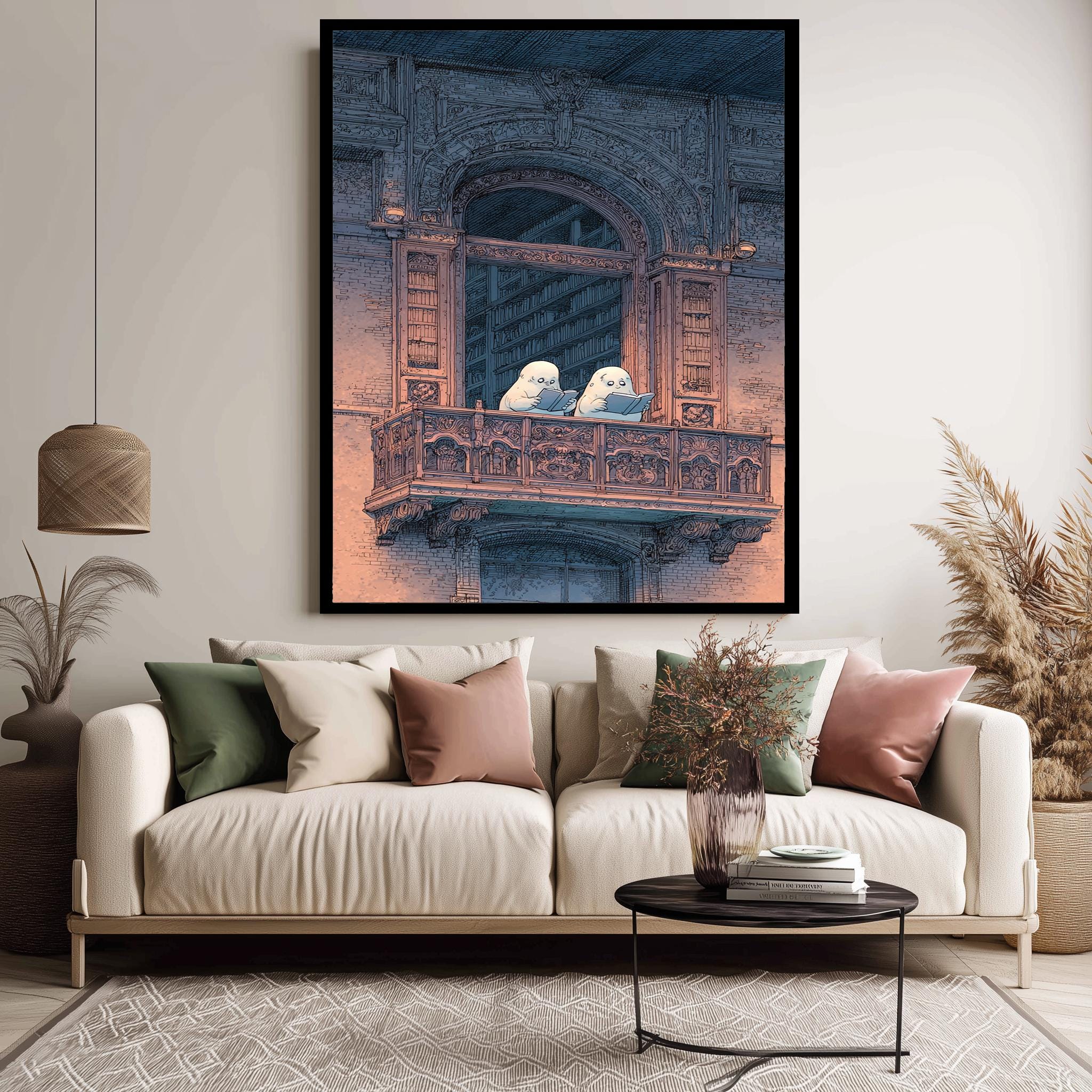 Ghost Art Print - Cozy Bookish Gothic Balcony Illustration | Spooky Wall Decor