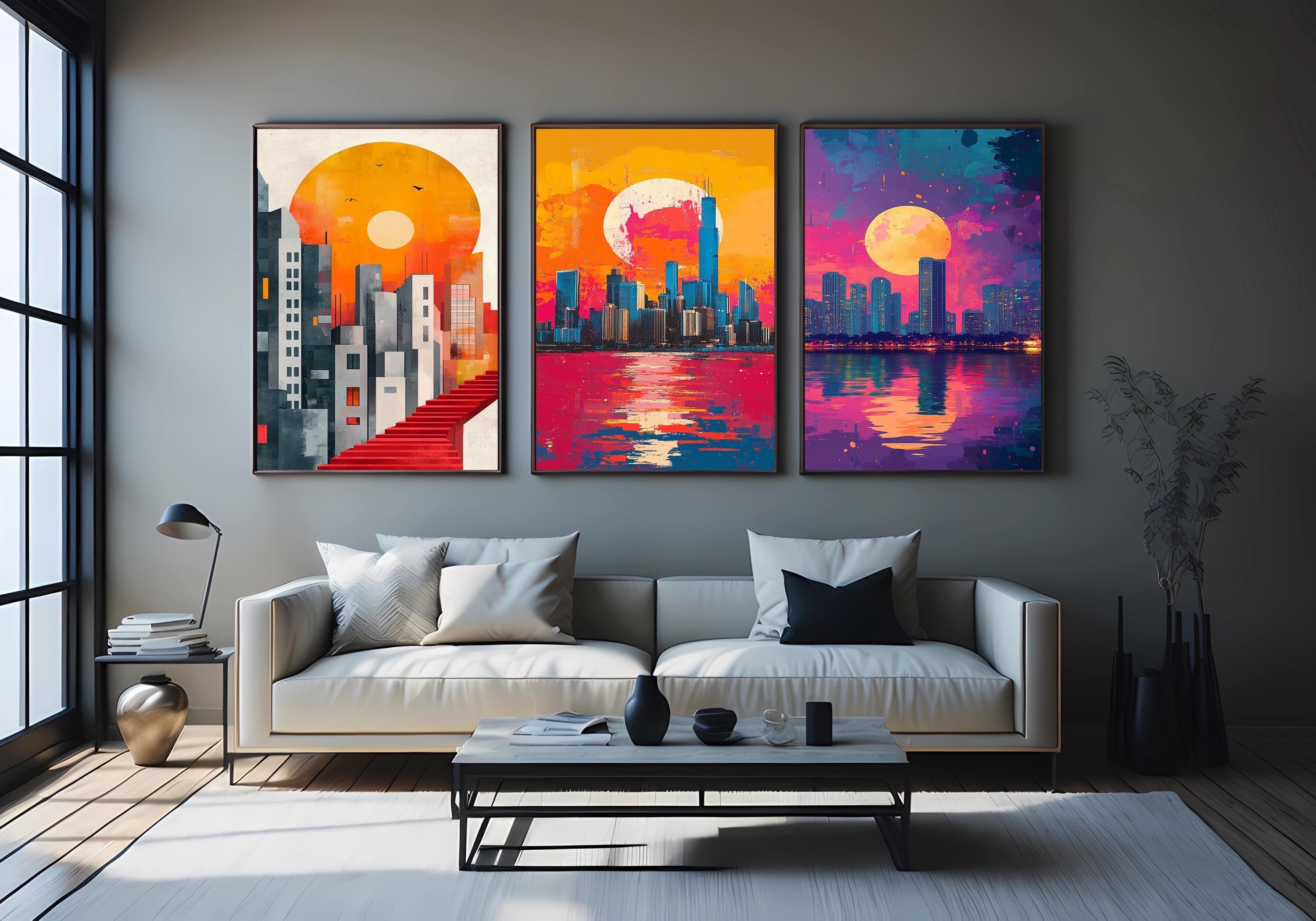 Sunset Cityscape Canvas Print – Modern Urban Skyline Wall Art Set, Vibrant 3-Piece