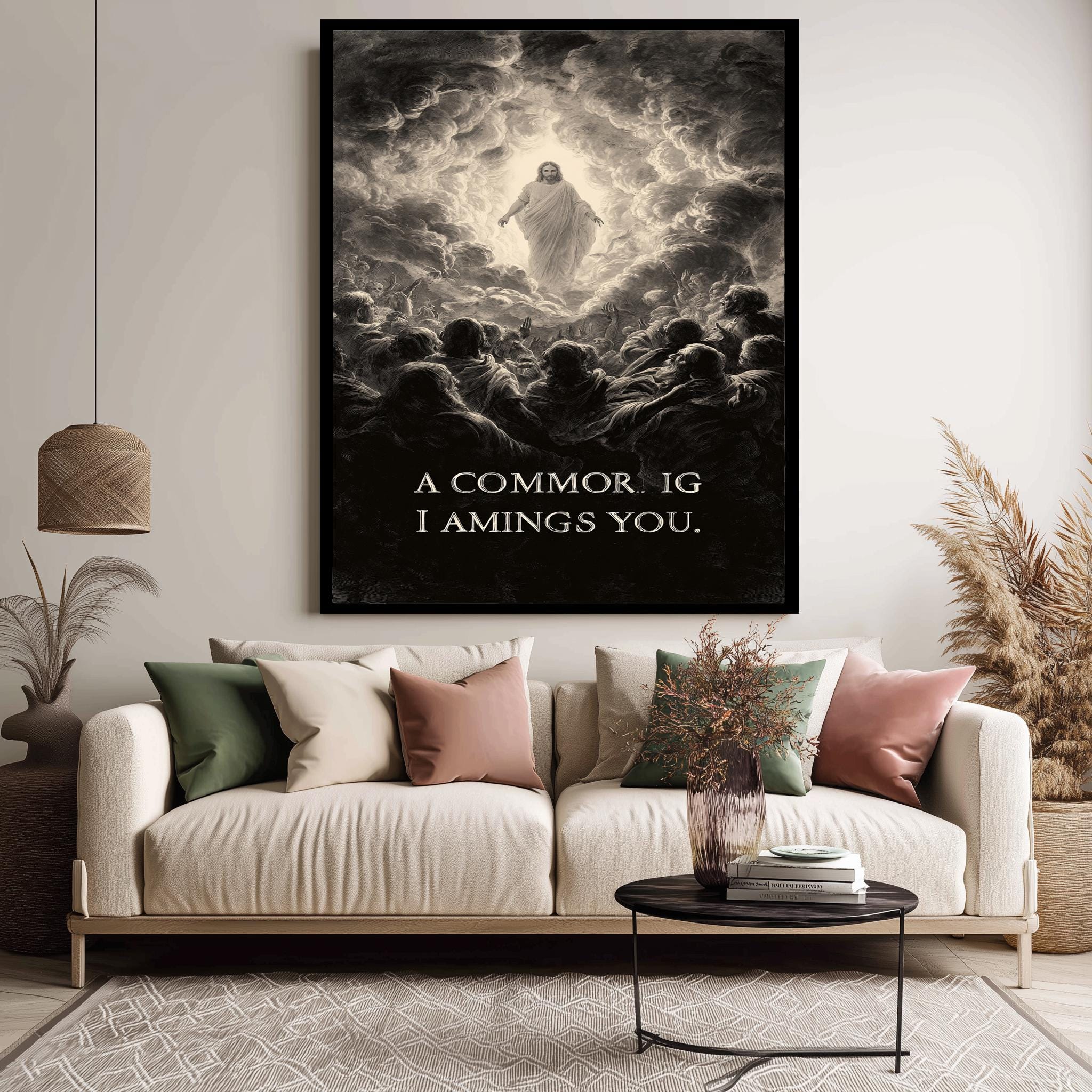 Jesus Second Coming Art Print – Christian Religious Poster | Black & White Divine Cloud Scene