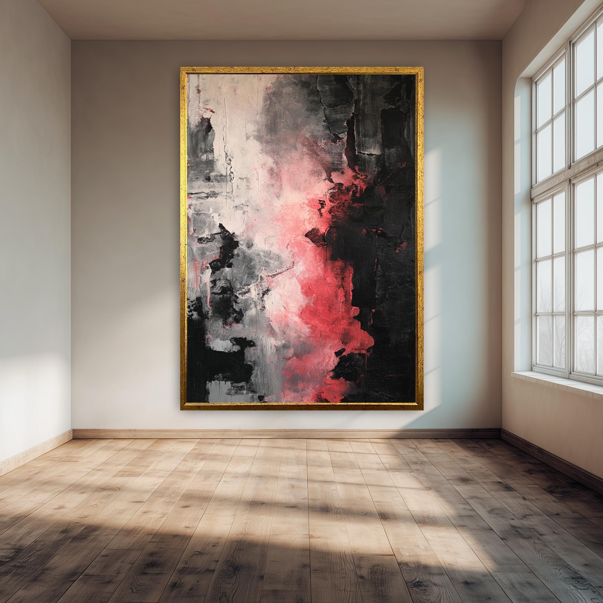 Abstract Textured Art Print – Modern Wall Decor | Bold Black Red Grey Canvas