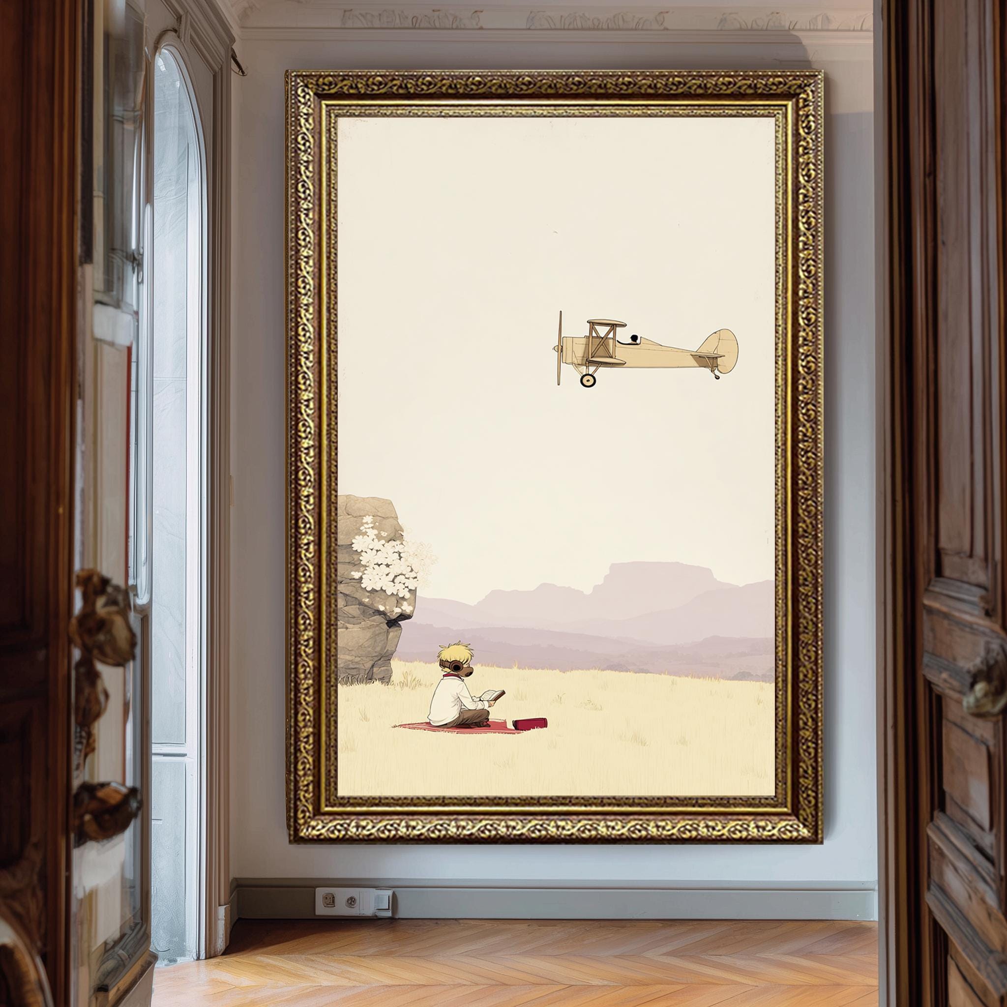 Vintage Airplane Wall Art – Boy Reading Canvas Print | Dreamy Storybook Decor