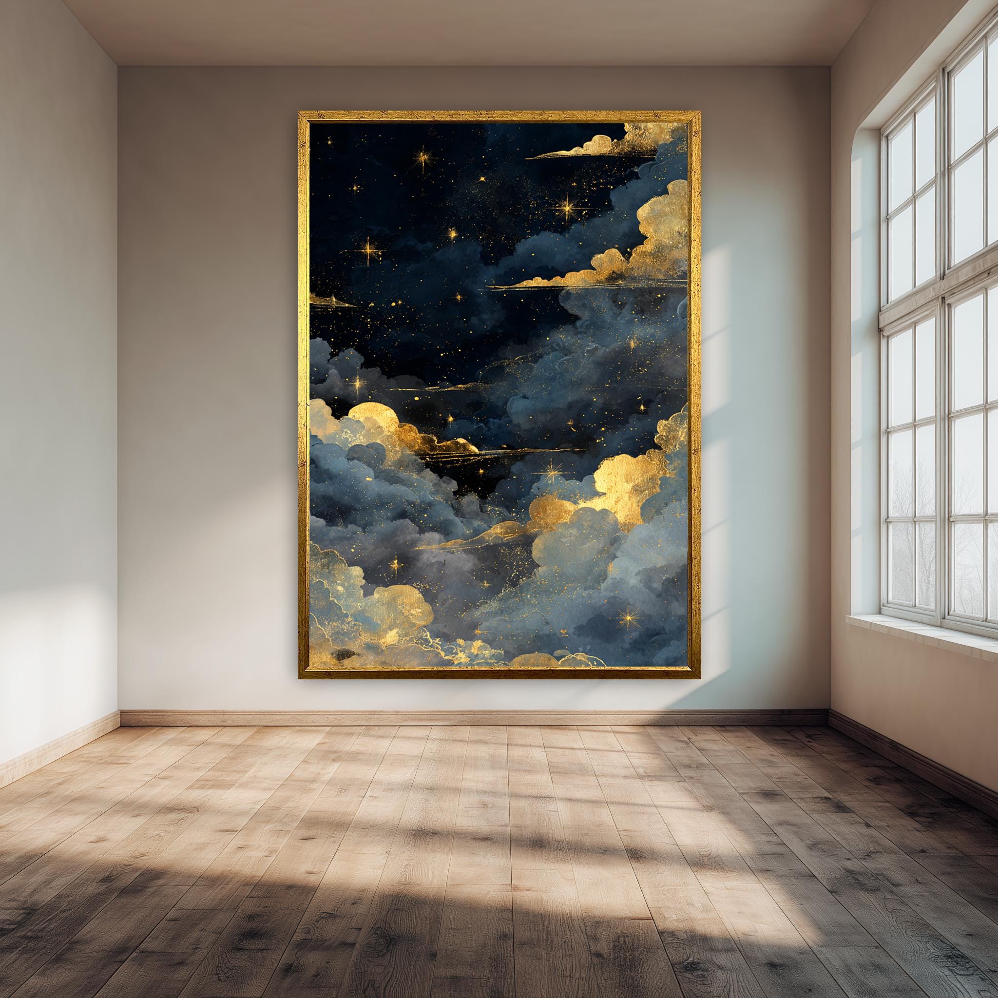 Celestial Wall Art – Gold Cloud Artwork | Starry Sky Canvas With Moon Print