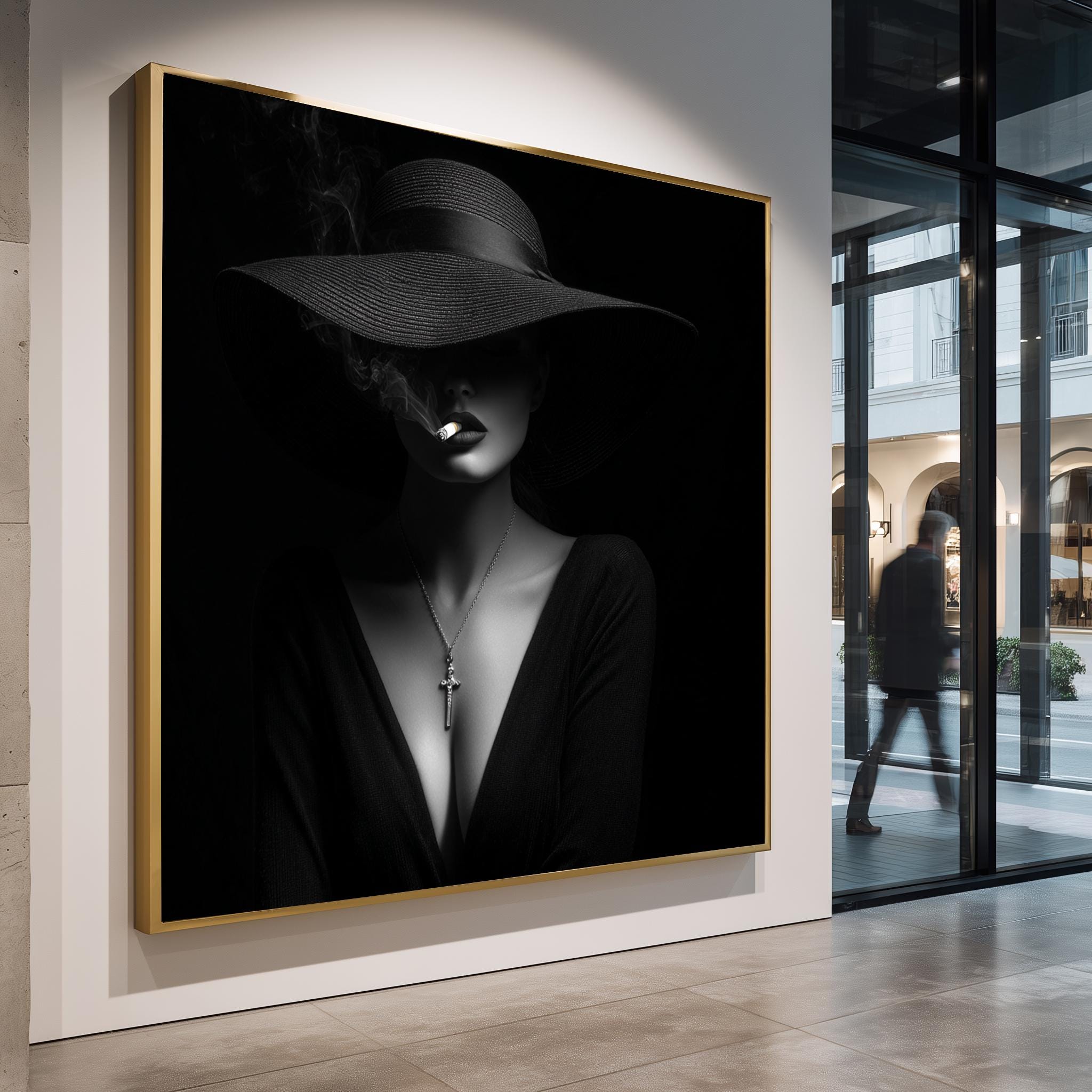 Gothic Art Print – Noir Woman with Hat, Cross Necklace & Moody Elegance