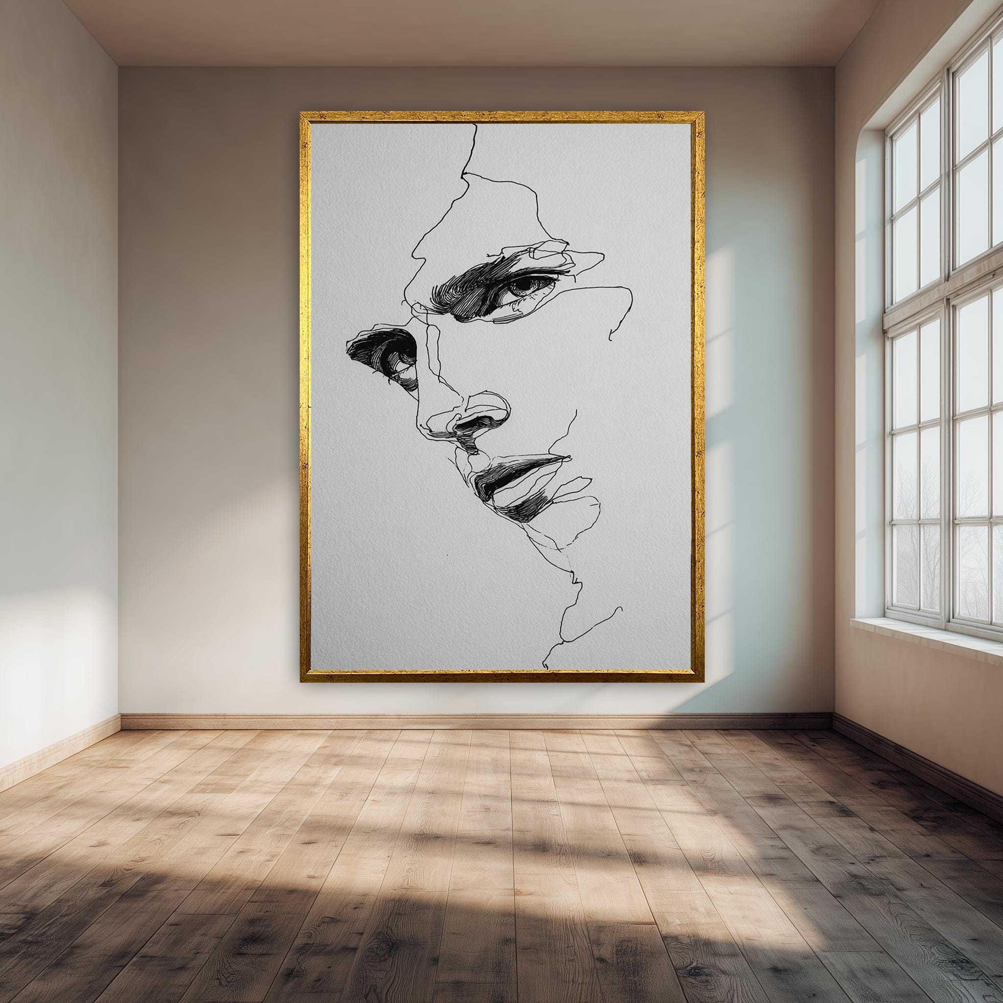 Fragmented Line Art Face – Modern Ink Drawing | Textured Art Print Canvas