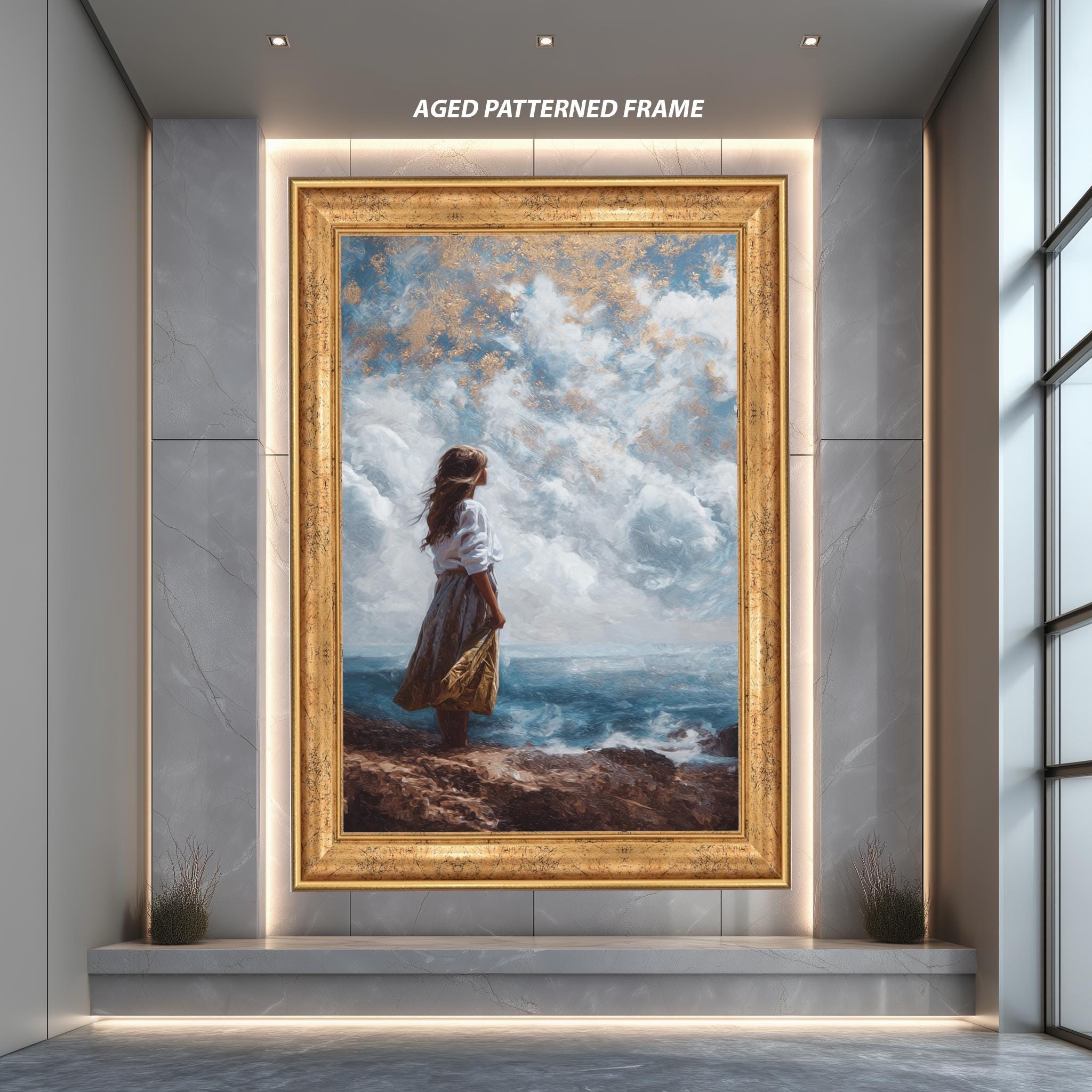 Romantic Coastal Art Print – Serene Landscape Poster with Golden Sky & Ocean View