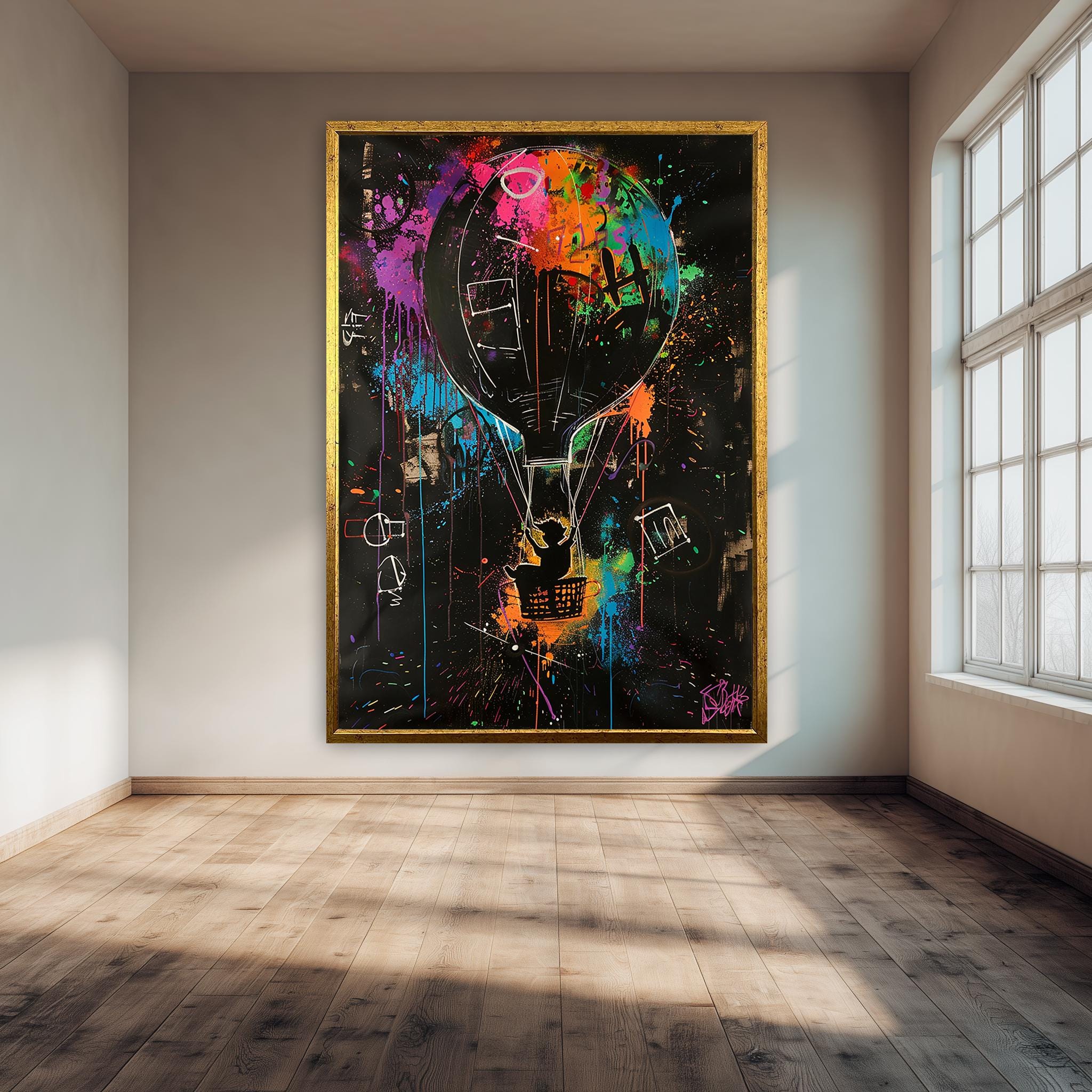 Hot Air Balloon Art - Colorful Street Art Poster With Child Silhouette