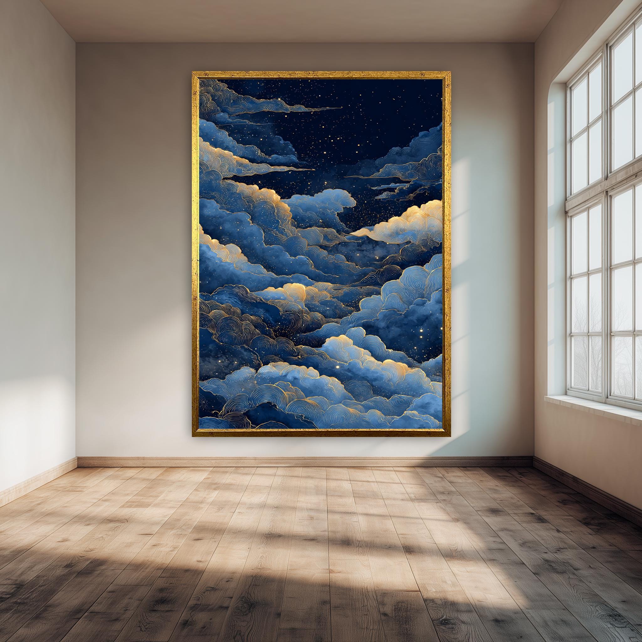 Celestial Clouds Canvas | Blue Gold Wall Art - Dreamy Night Sky Print for Bedroom
