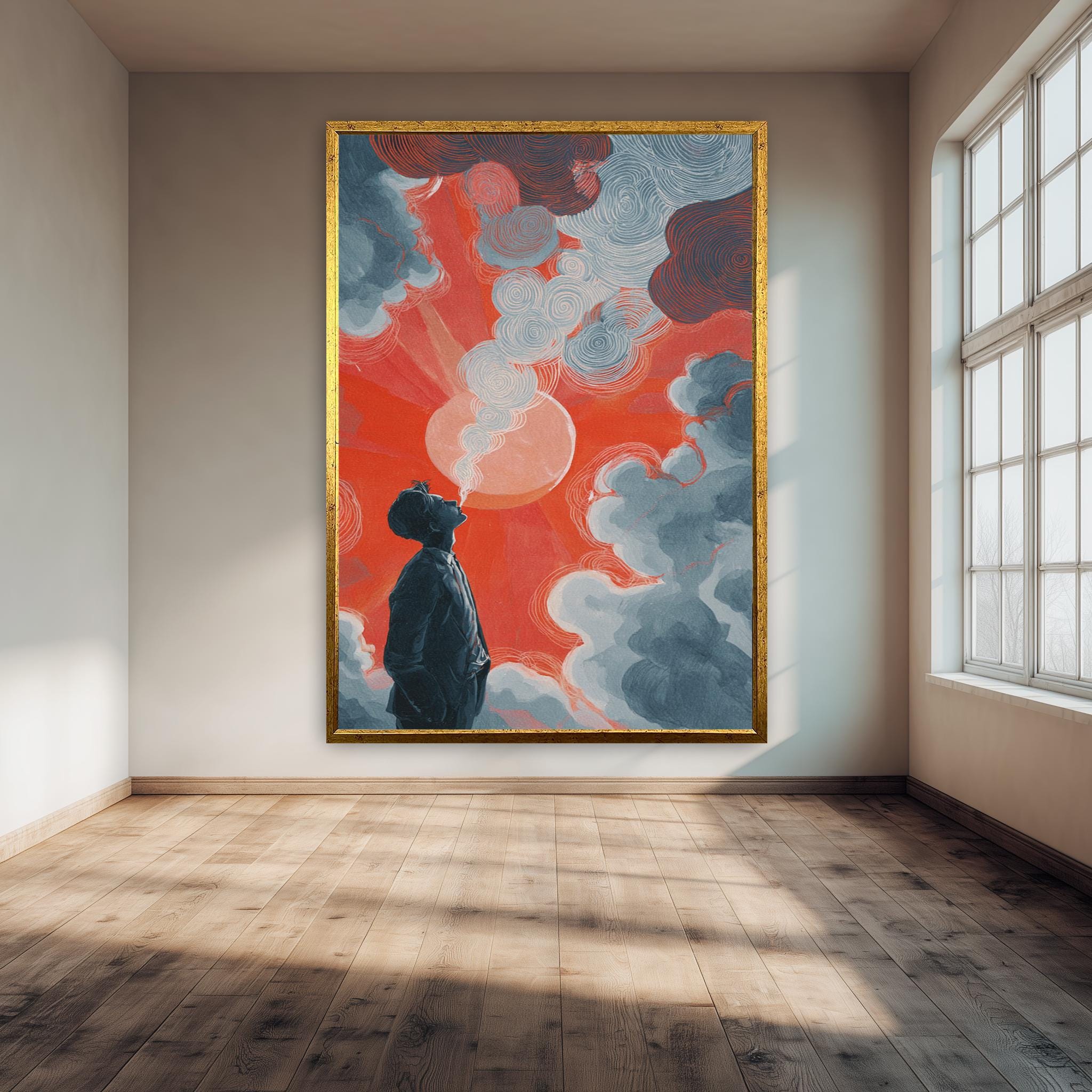 Surreal Art Print – Psychedelic Canvas Print with Red Sun & Dreamy Clouds Artwork