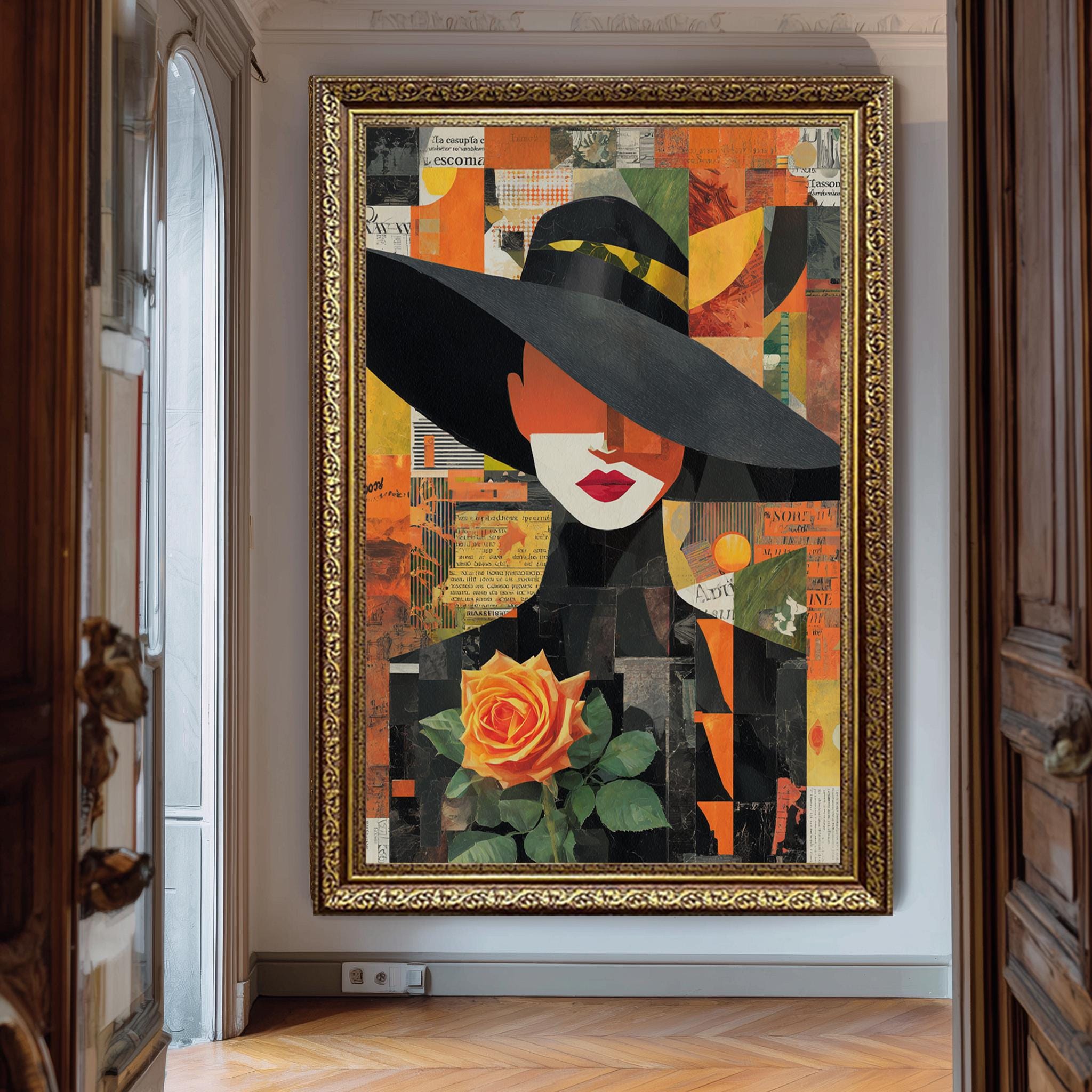 Modern Woman Wall Art – Abstract Fashion Print with Yellow Rose & Black Hat Canvas