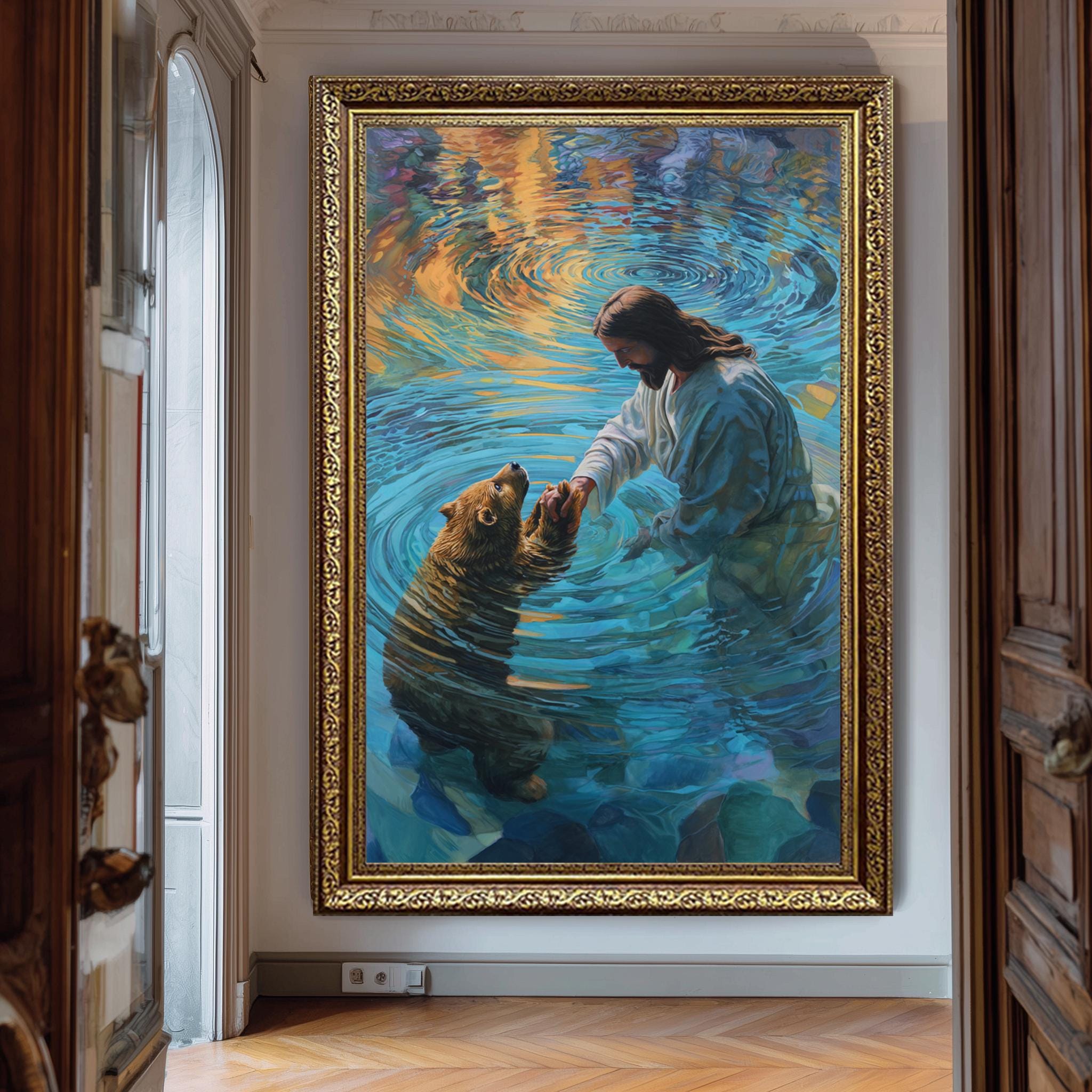 Jesus Helping Bear Art - Whimsical Christian Animal Print | Nature Inspired Wall Decor