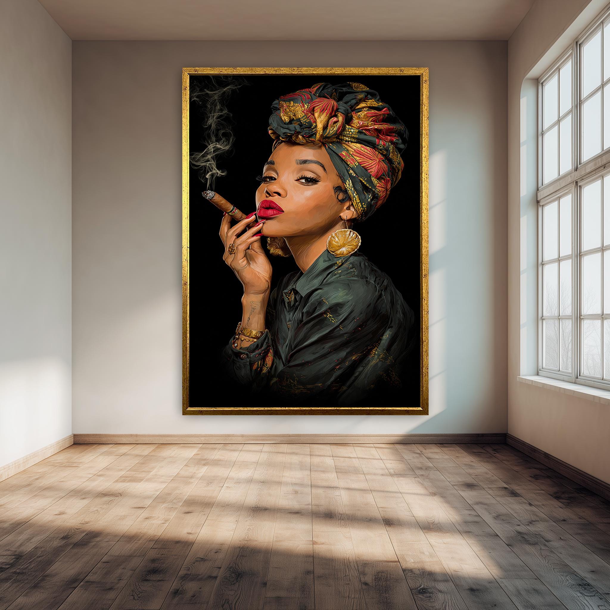 Afro Woman Canvas Art – Bold Urban Portrait | Fashionable Wall Decor with Headwrap & Cigar