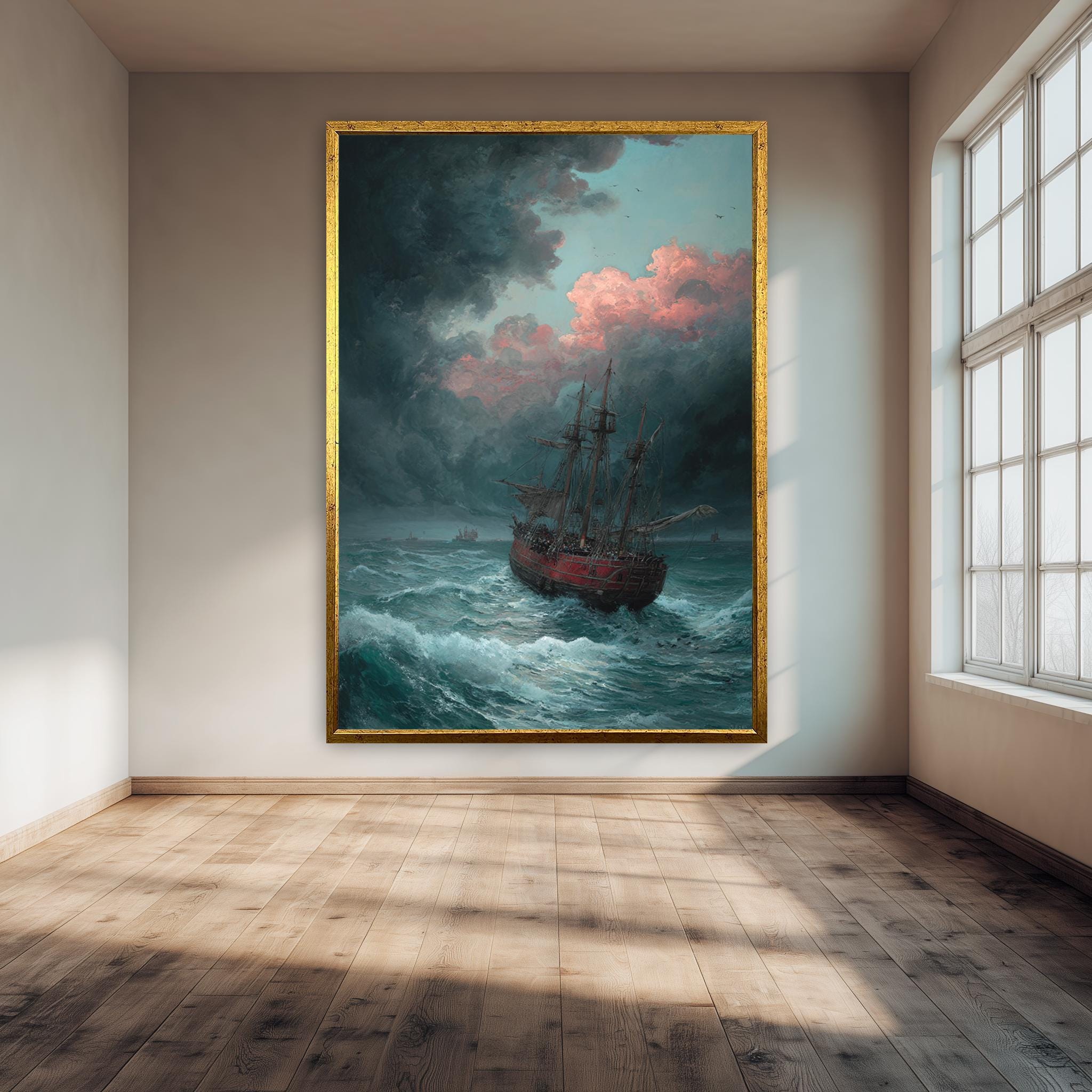 Nautical Wall Art – Stormy Sea Painting with Red Sailboat | Modern Marine Decor Poster