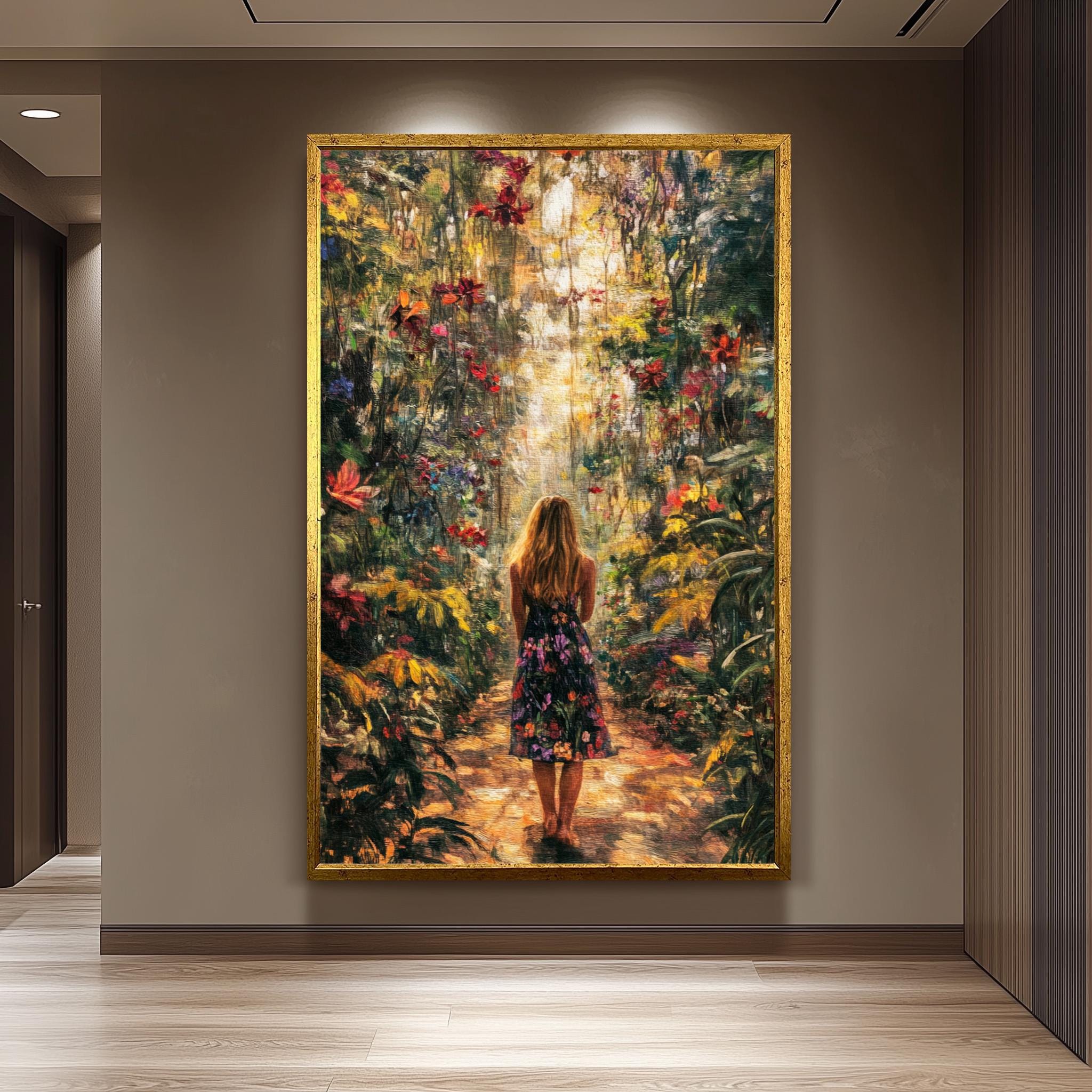 Enchanted Garden Oil Painting – Romantic Woman Portrait Canvas | Whimsical Floral Scene