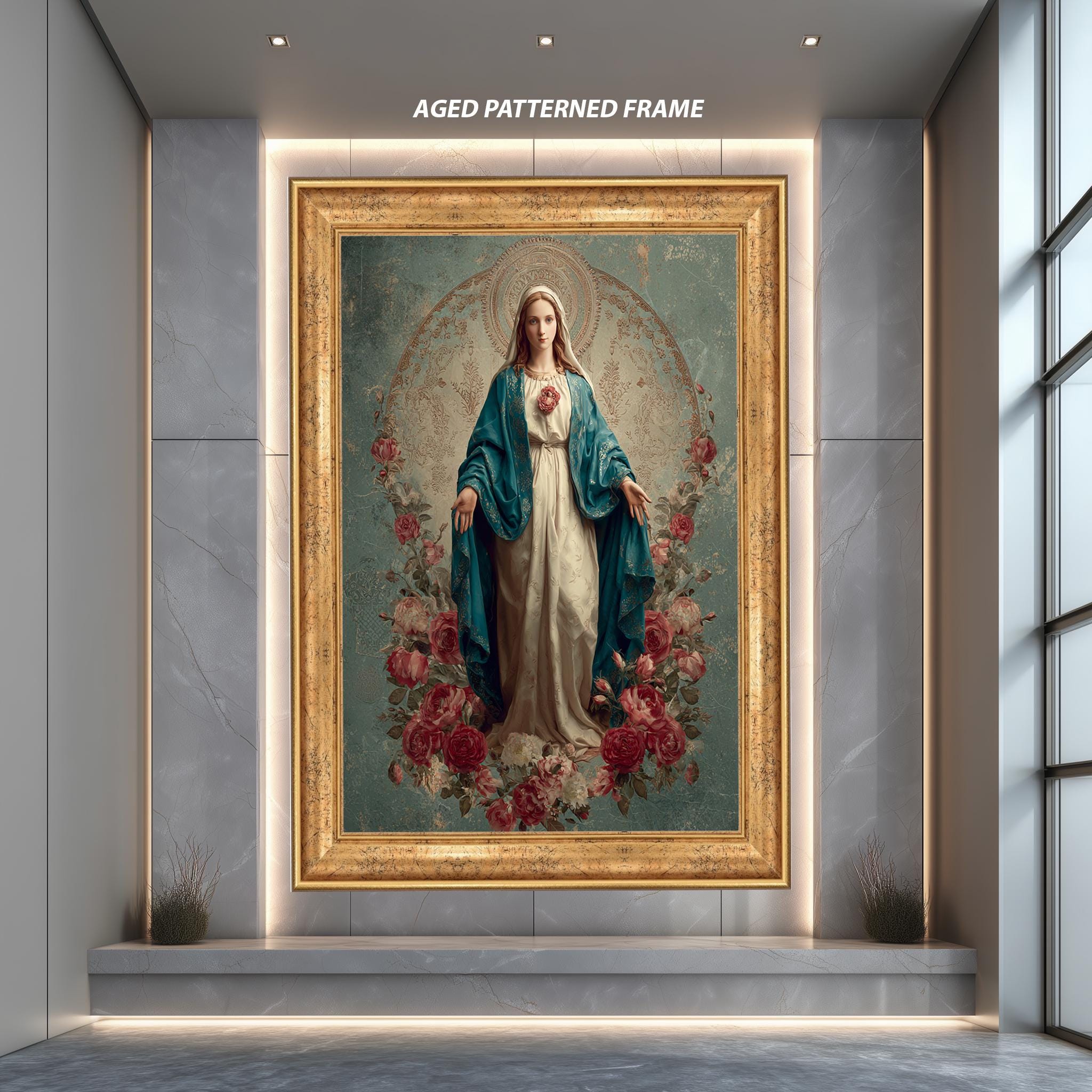 Virgin Mary Wall Art - Sacred Blue and White Catholic Devotional Print with Roses