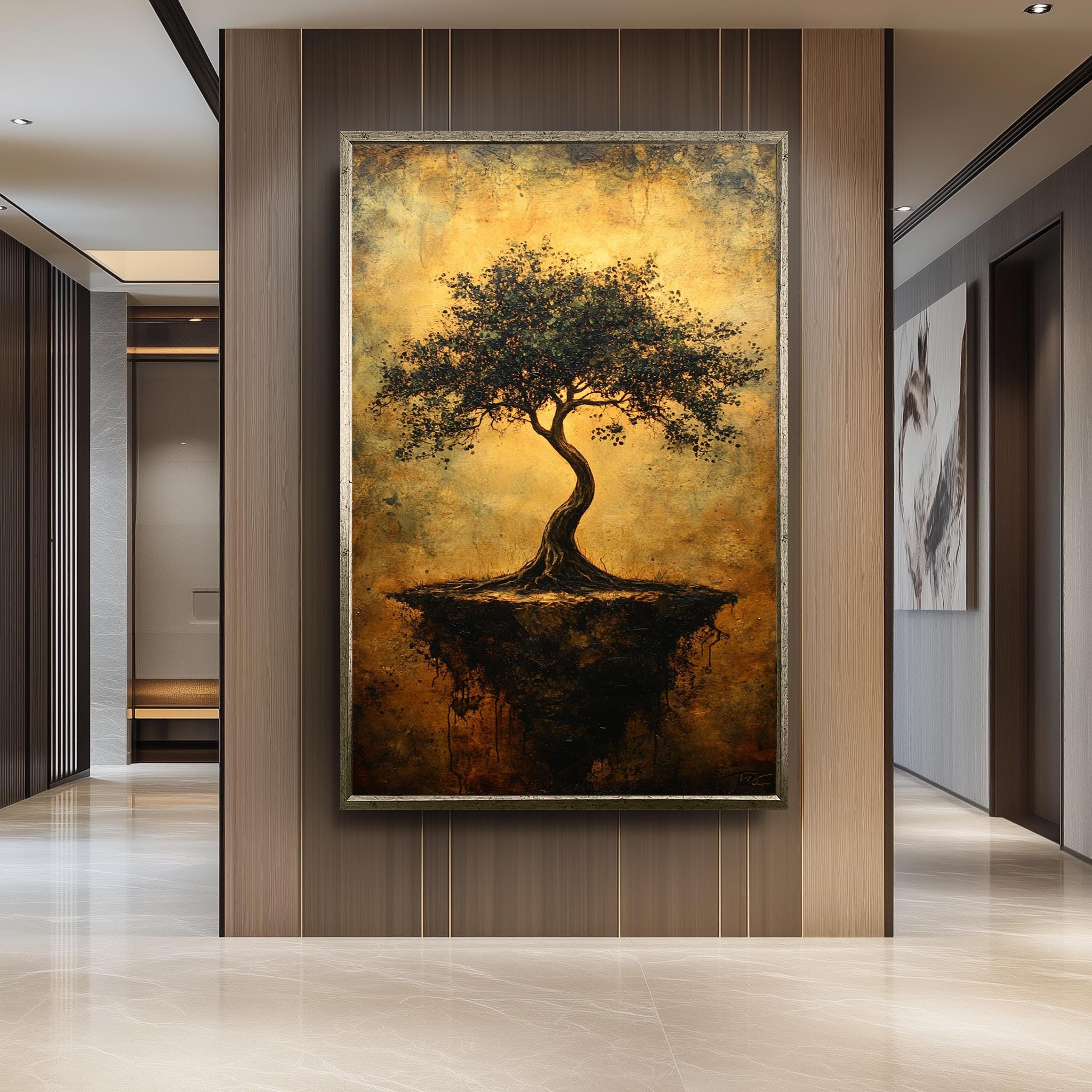 Floating Tree Wall Art – Surreal Nature Canvas with Golden Textured Background