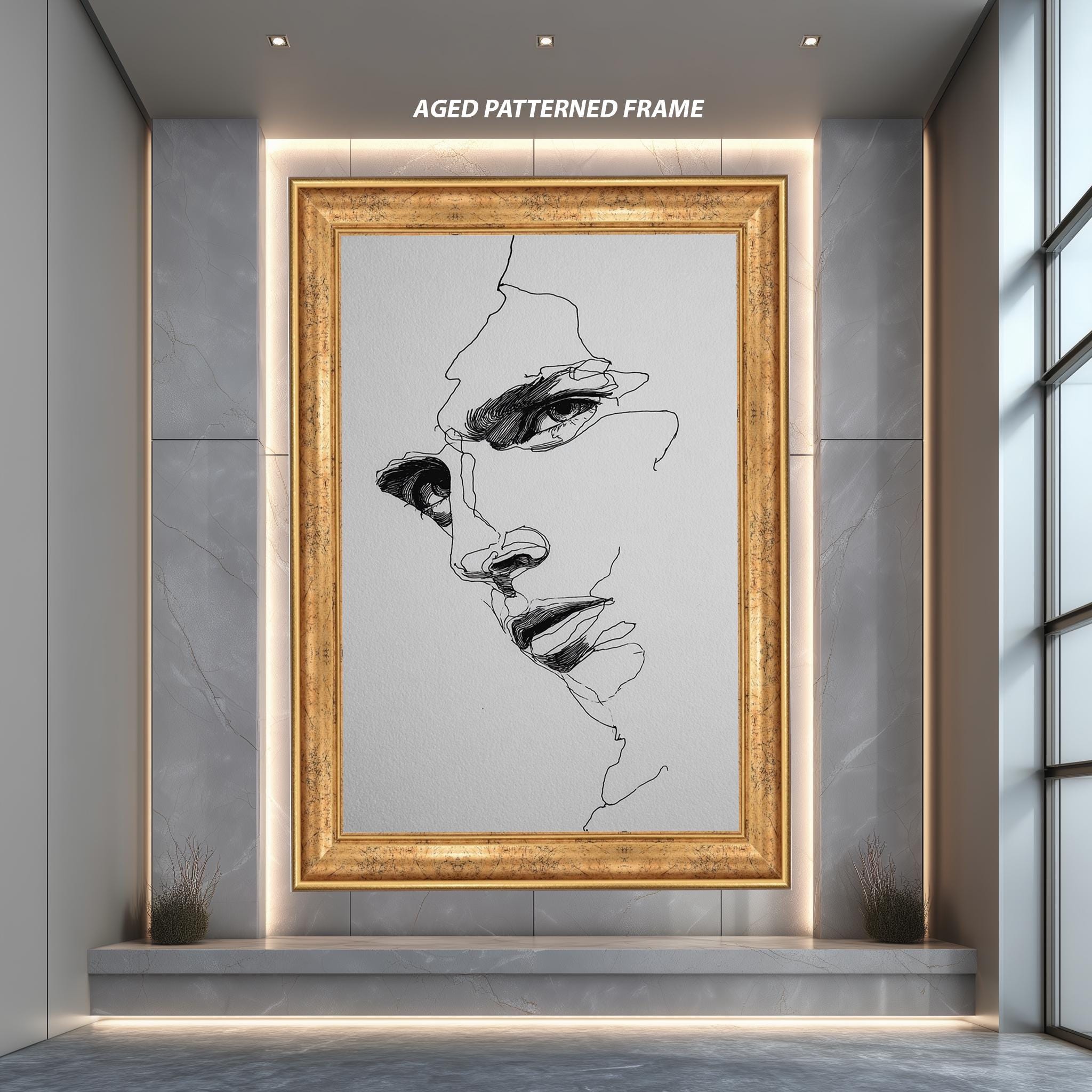 Fragmented Line Art Face – Modern Ink Drawing | Textured Art Print Canvas