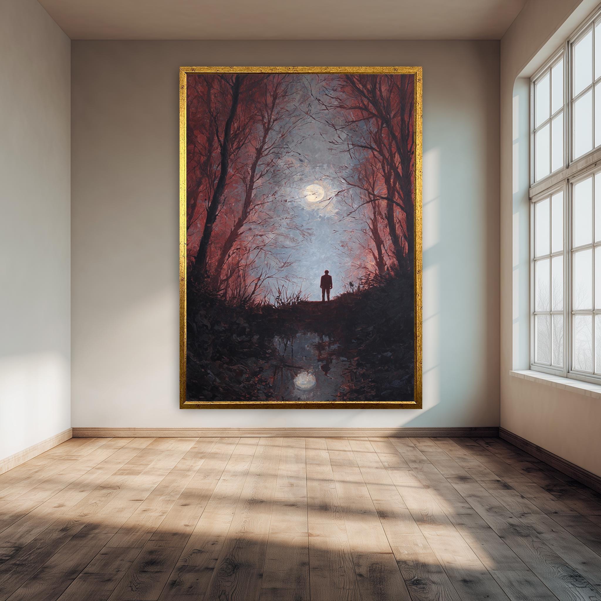 Moody Forest Art Print – Dark Surreal Wall Decor With Full Moon Reflection