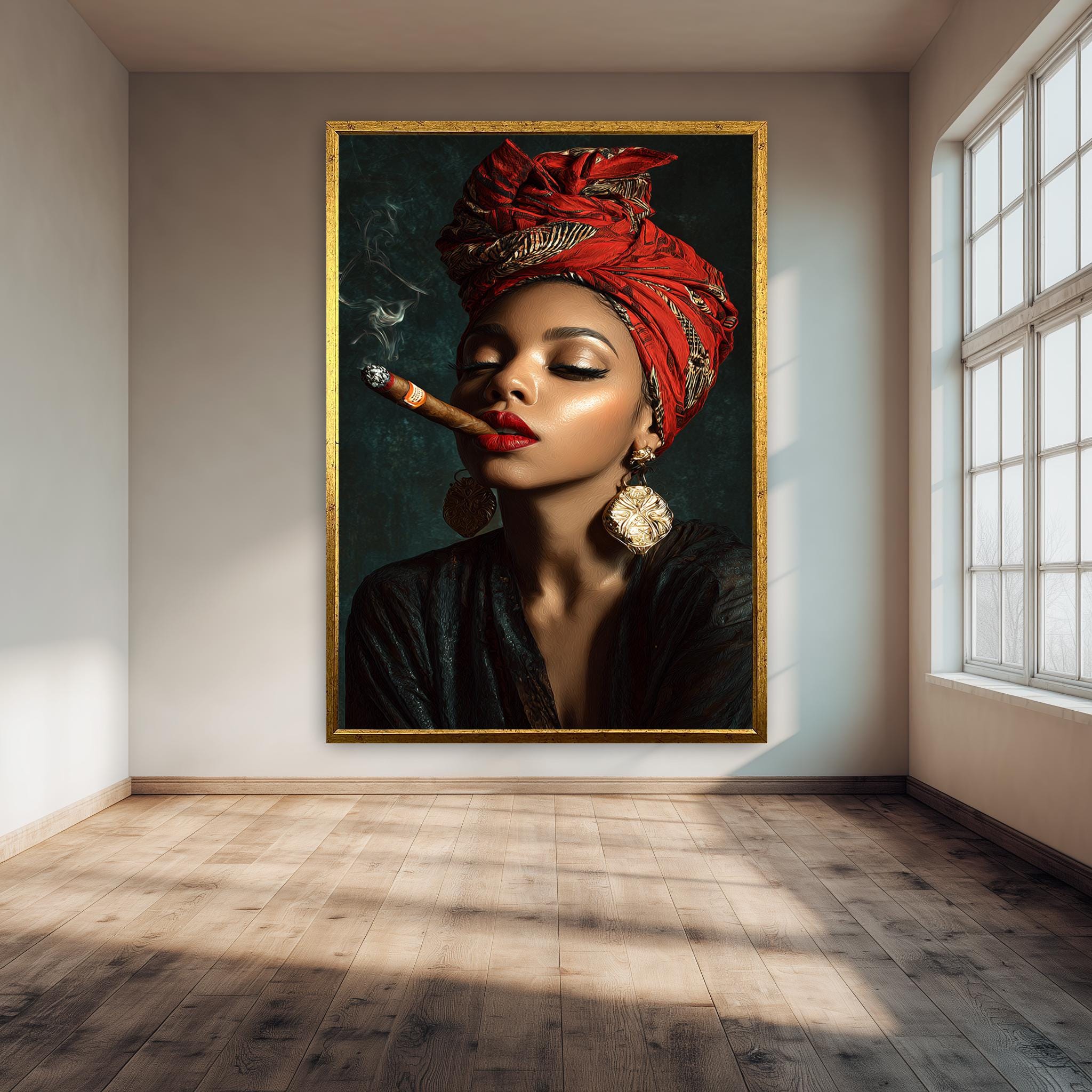 Afro Woman Canvas Art – Confident Female Portrait with Red Headwrap Print & Glam Cigar