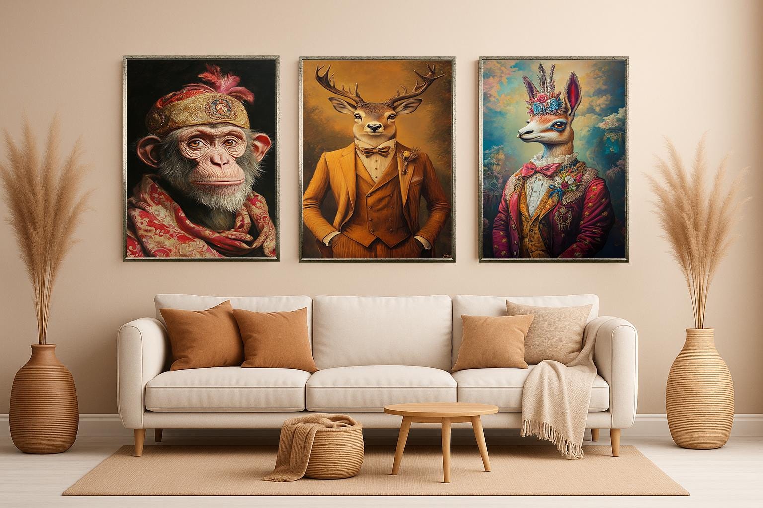 Animal Portrait Prints – Whimsical Wall Art Set | Vintage Canvas, Dressed Animals