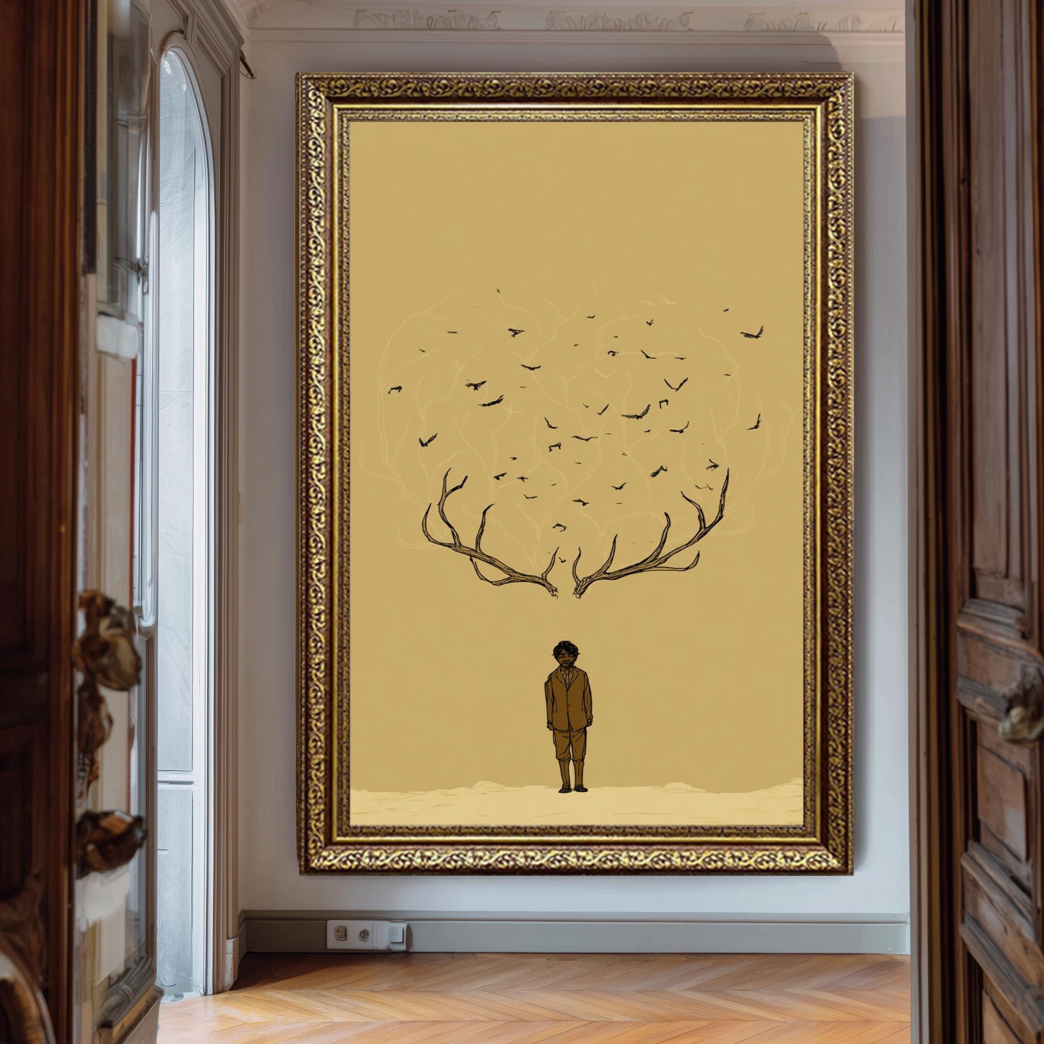 Surreal Minimalist Wall Art – Conceptual Boy with Antlers Art | Emotional Digital Illustration