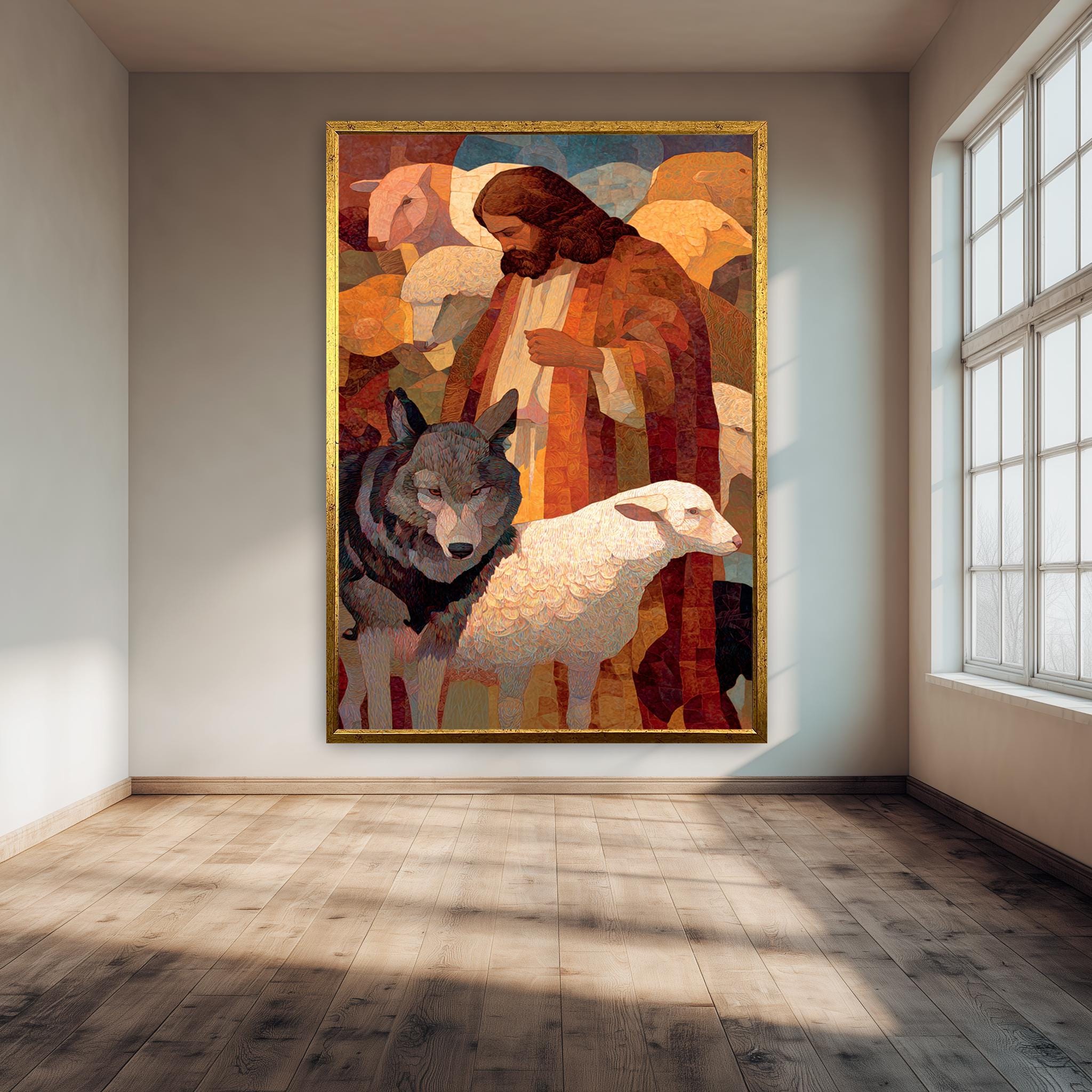 Jesus Digital Art Print – Christian Wall Decor | Wolf And Lamb Painting On Canvas
