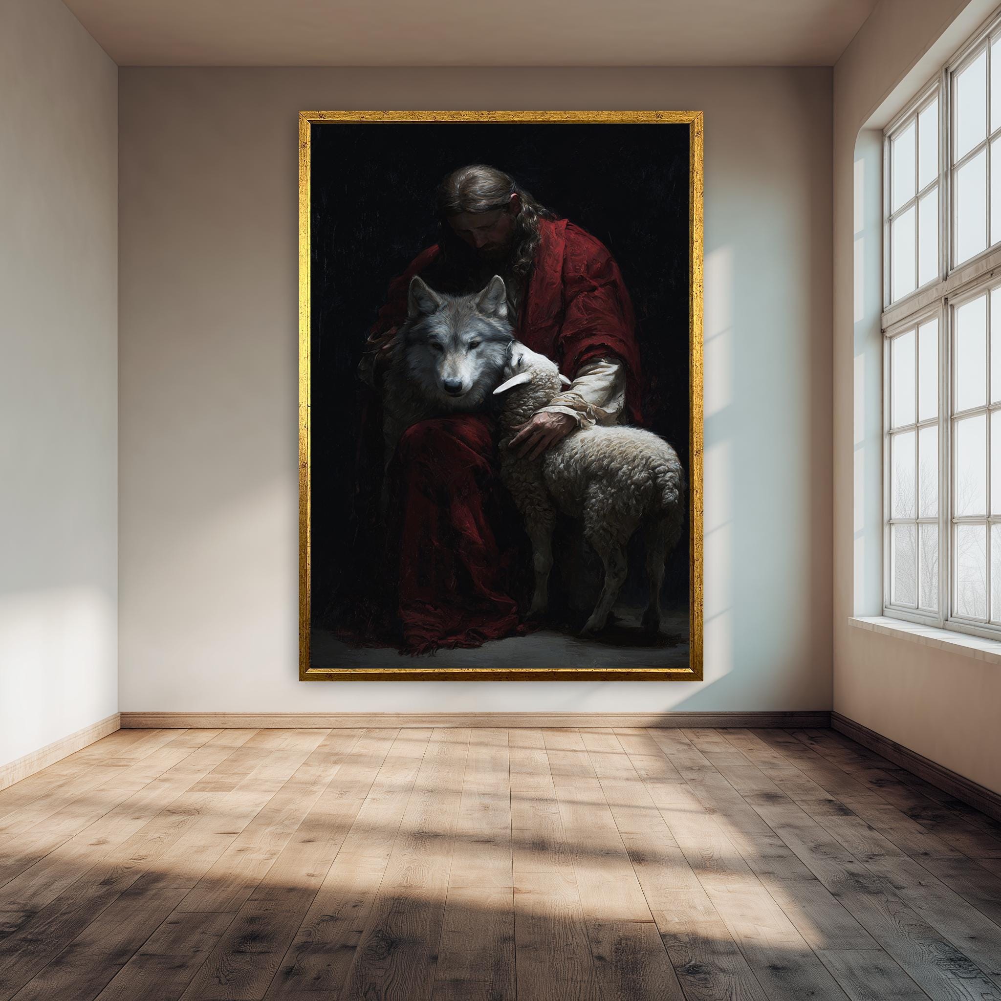 Jesus Art Print – Dark Jesus Painting With Lamb And Wolf | Christian Wall Art