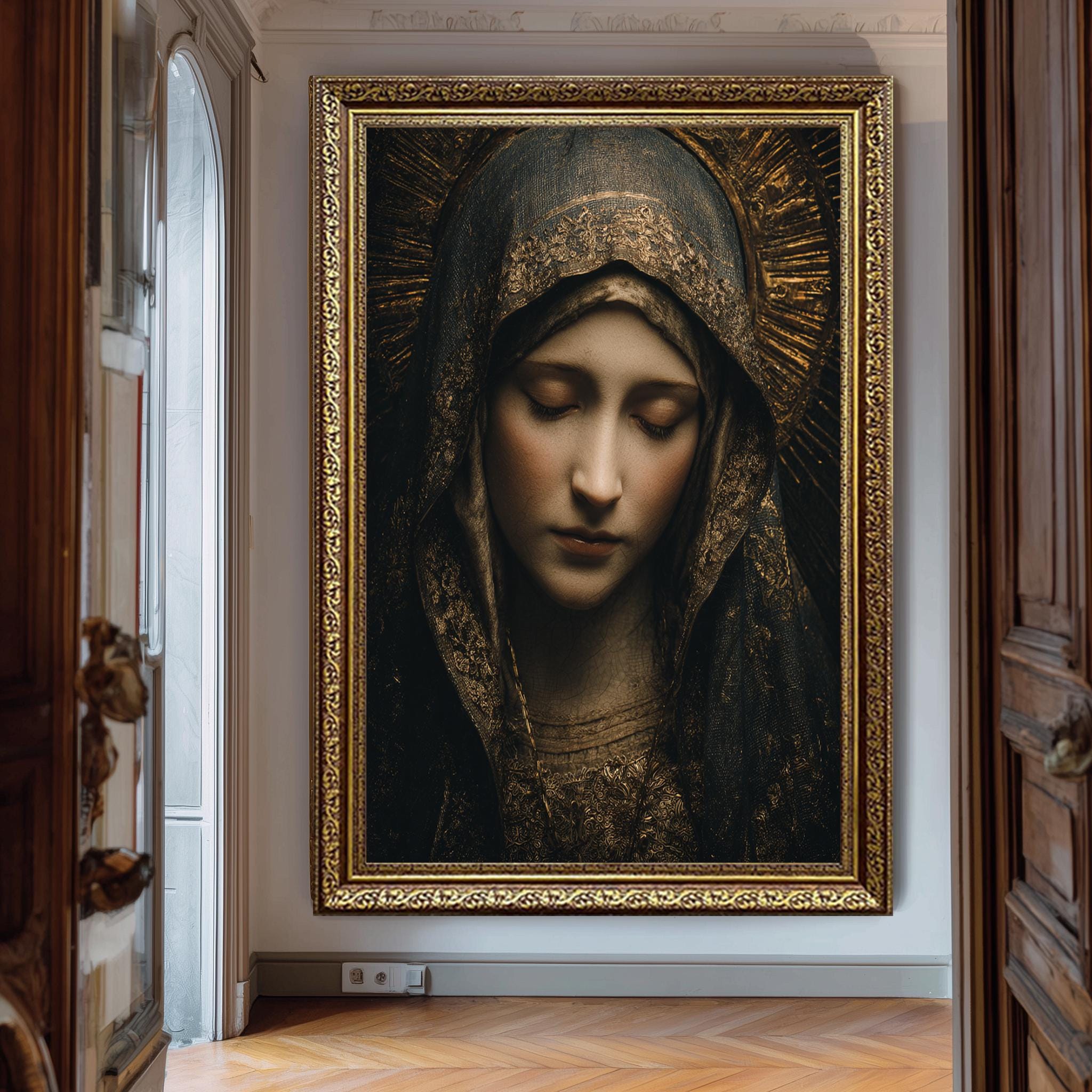 Sorrowful Virgin Mary Print - Dark Sacred Catholic Wall Decor | Marian Icon Art Canvas