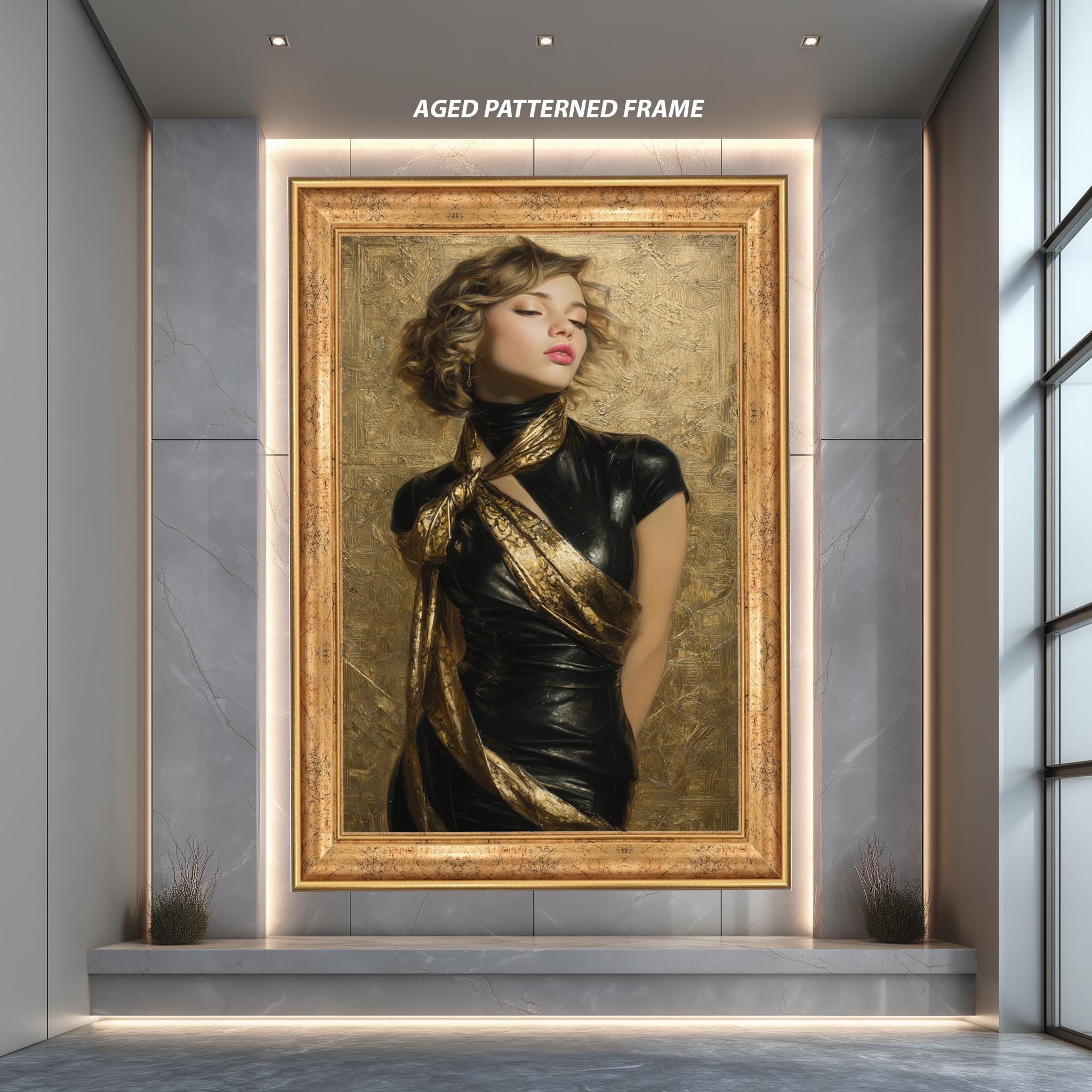 Luxury Portrait Art – Elegant Woman in Black and Gold Dress | Modern Wall Art Print