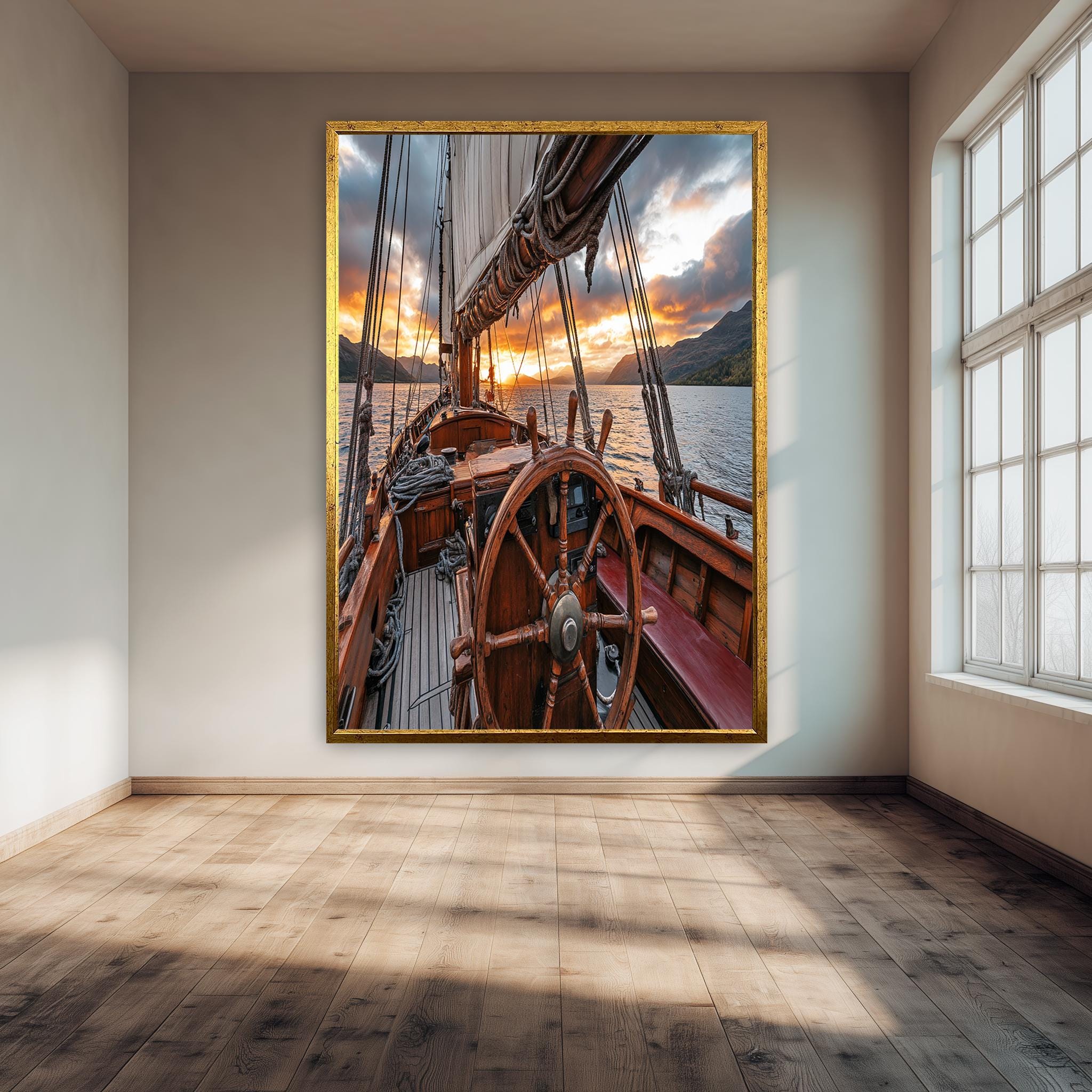 Sailboat Steering Wheel - Nautical Wall Art | Ocean Sunset Decor Canvas Print