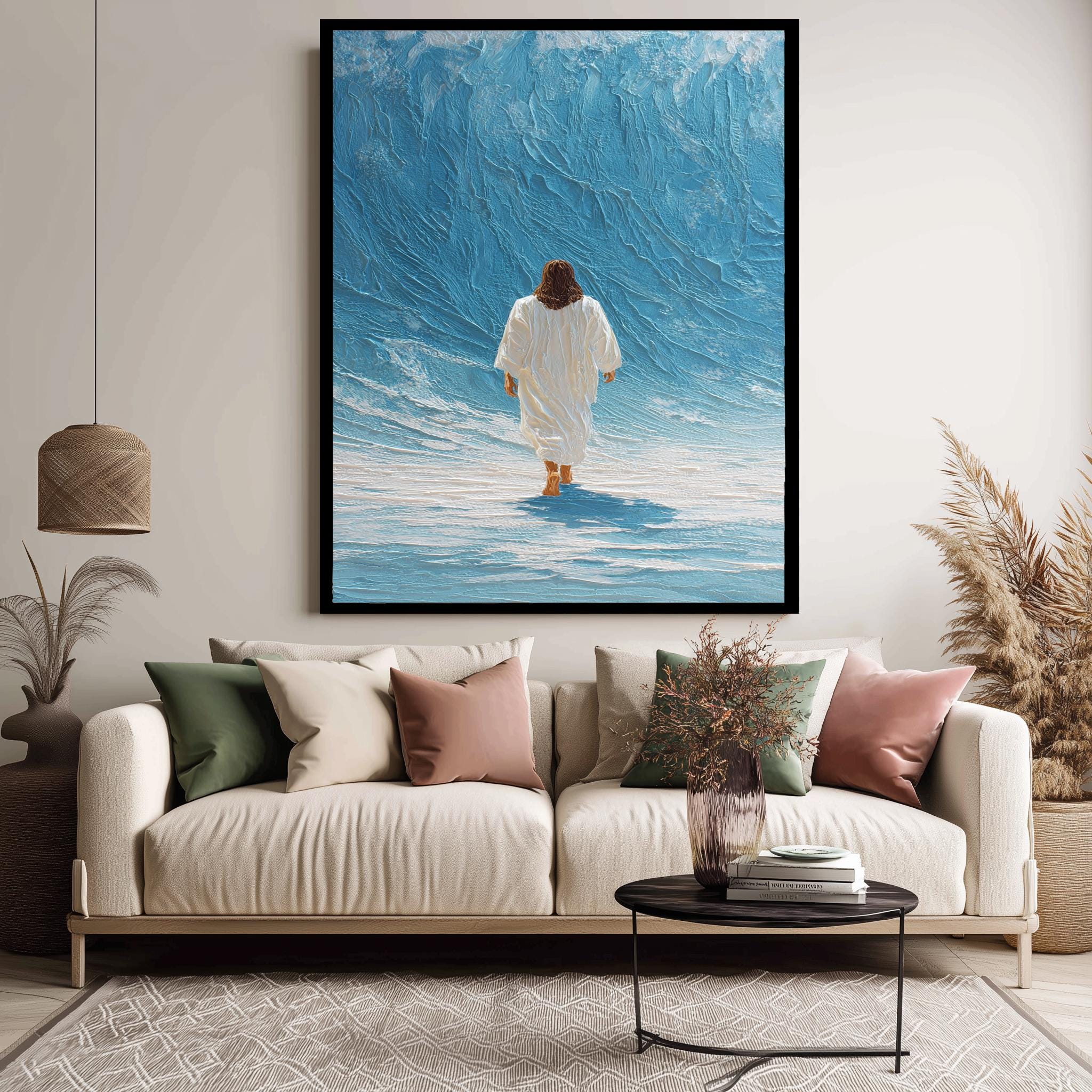 Christian Wall Art – Jesus Wave Art Blue Canvas | Textured Religious Home Decor