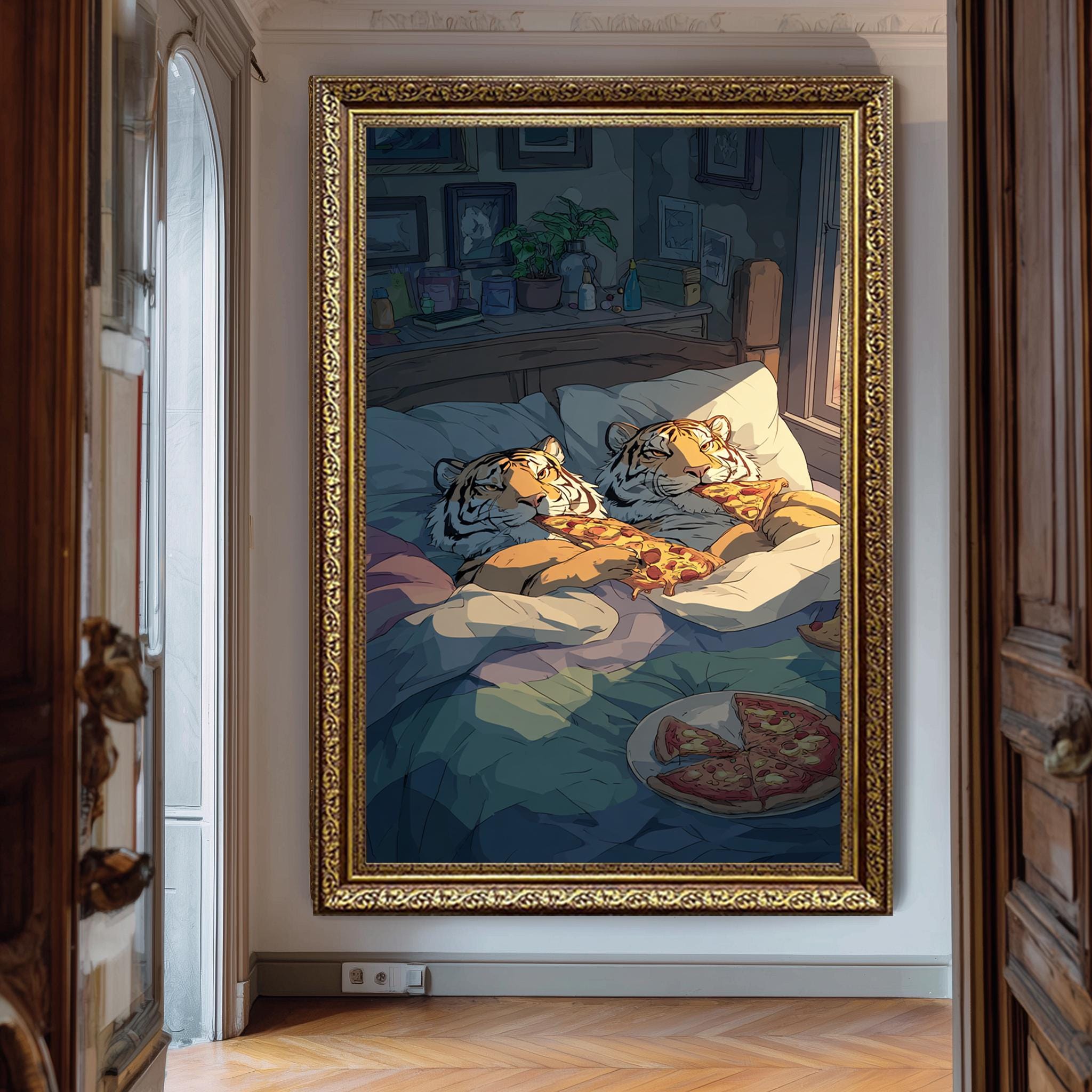 Cozy Tiger Art Print – Whimsical Animal Illustration | Funny Bedtime Wall Decor