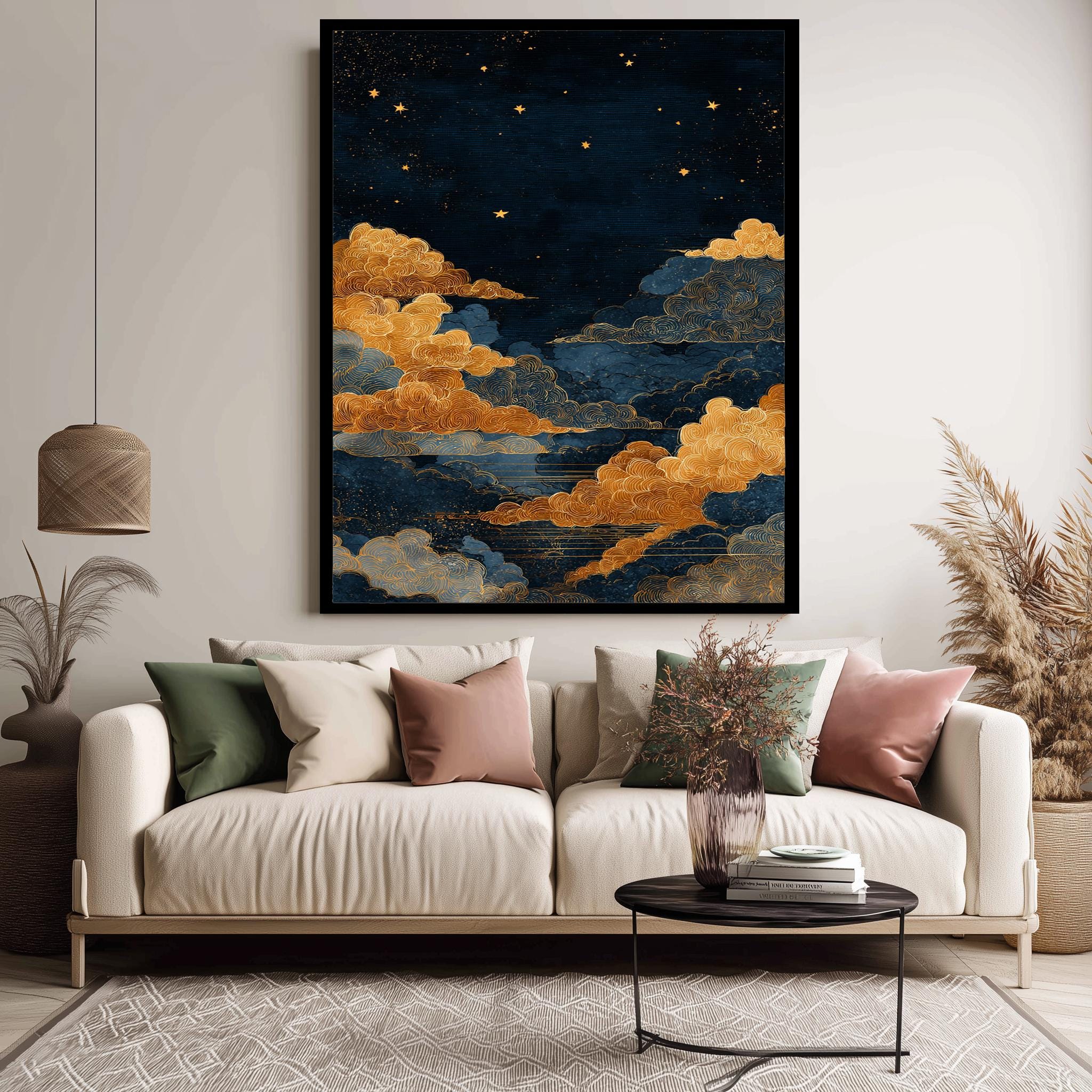Celestial Wall Art – Golden Cloud Print with Starry Sky Decor for Meditation Room
