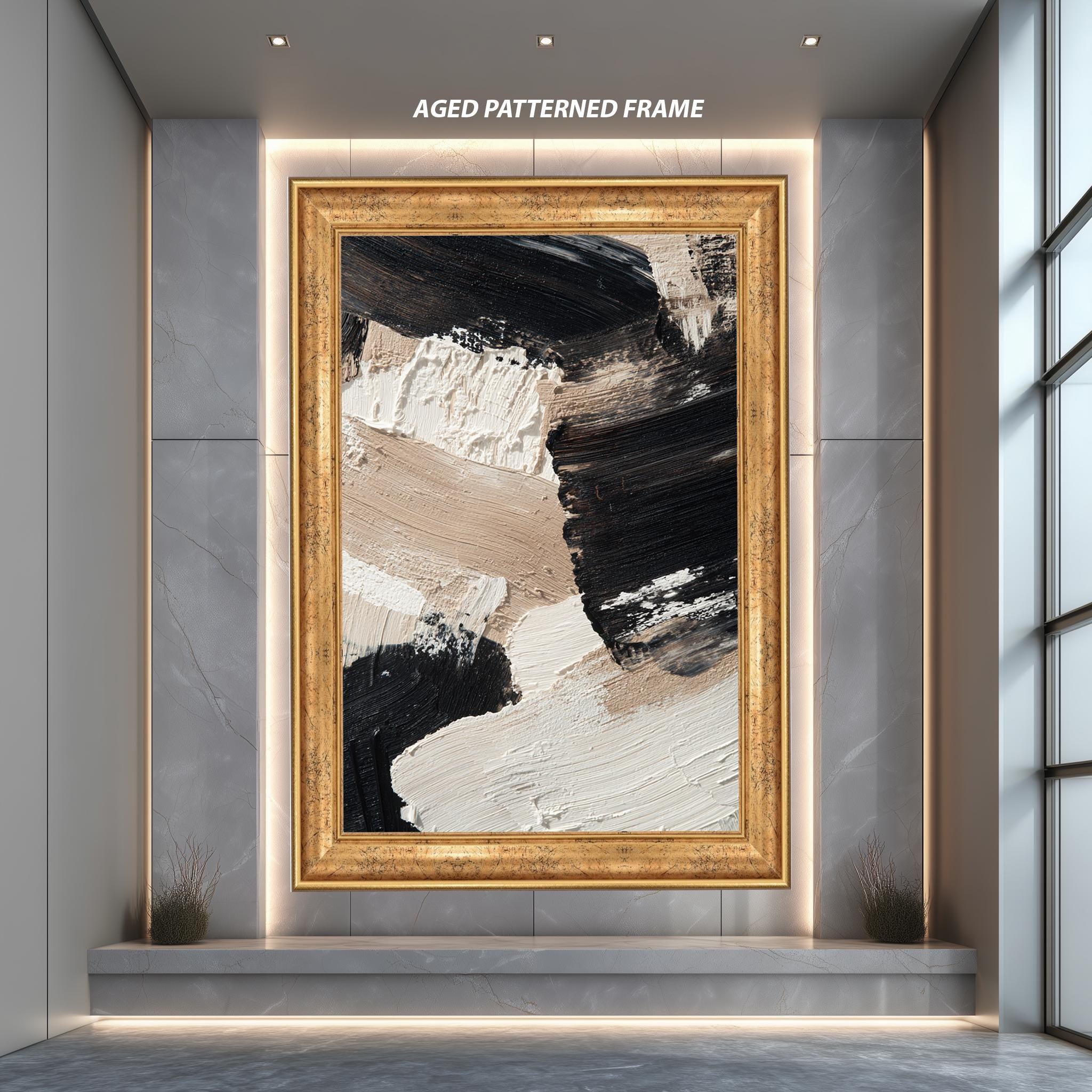 Abstract Canvas Wall Art – Modern Black Beige Texture Print | Neutral Living Room Artwork