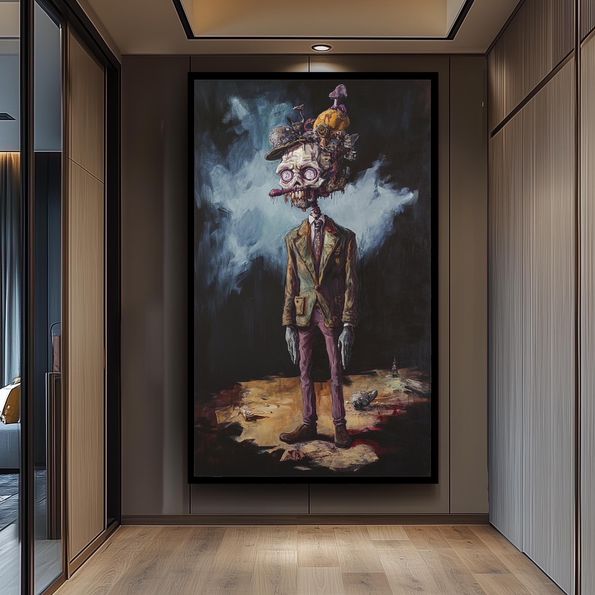 Surreal Zombie Wall Art – Creepy Undead Gentleman Canvas with Mushroom Head