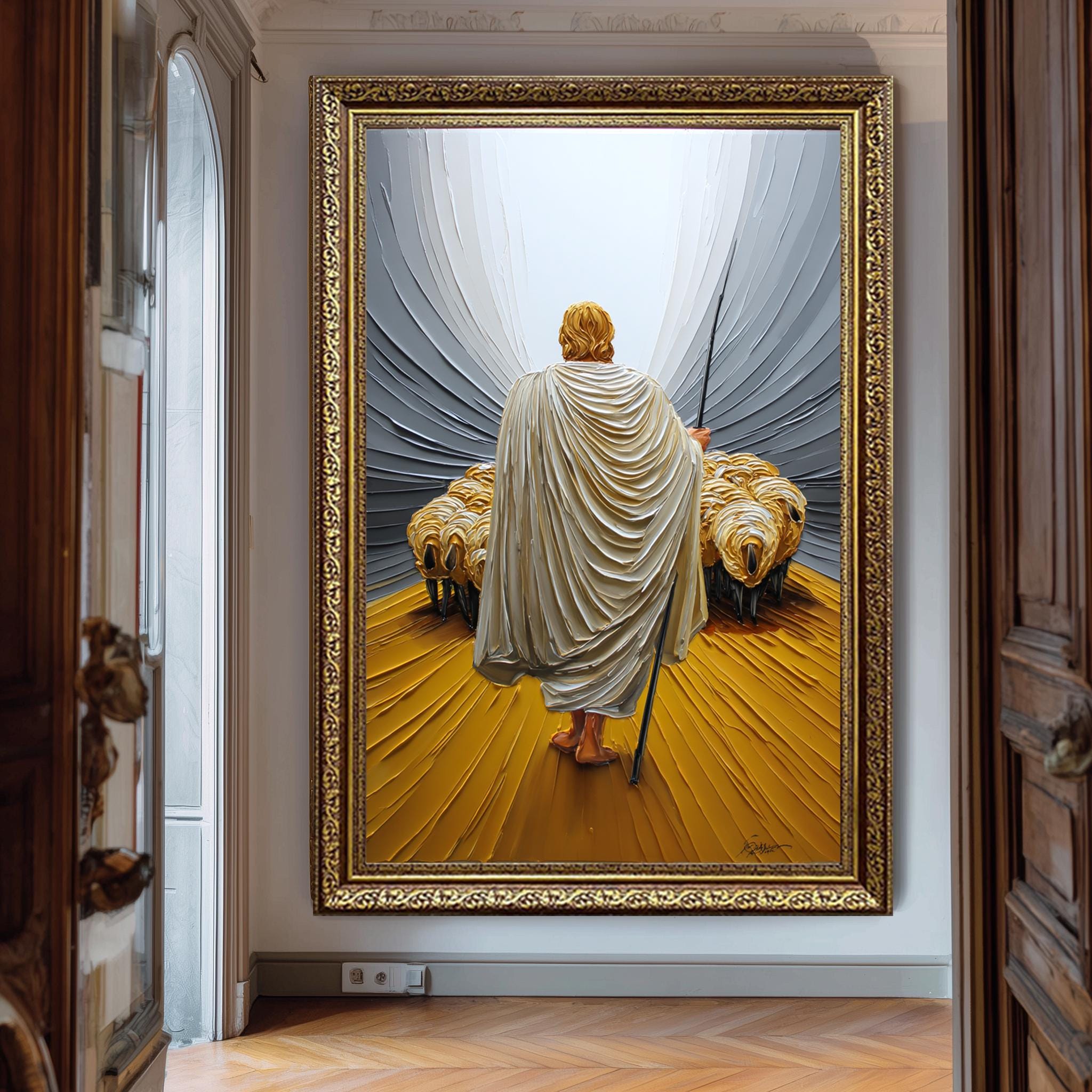 Good Shepherd Wall Art – Modern Christian Canvas Print with Jesus Staff & Sheep