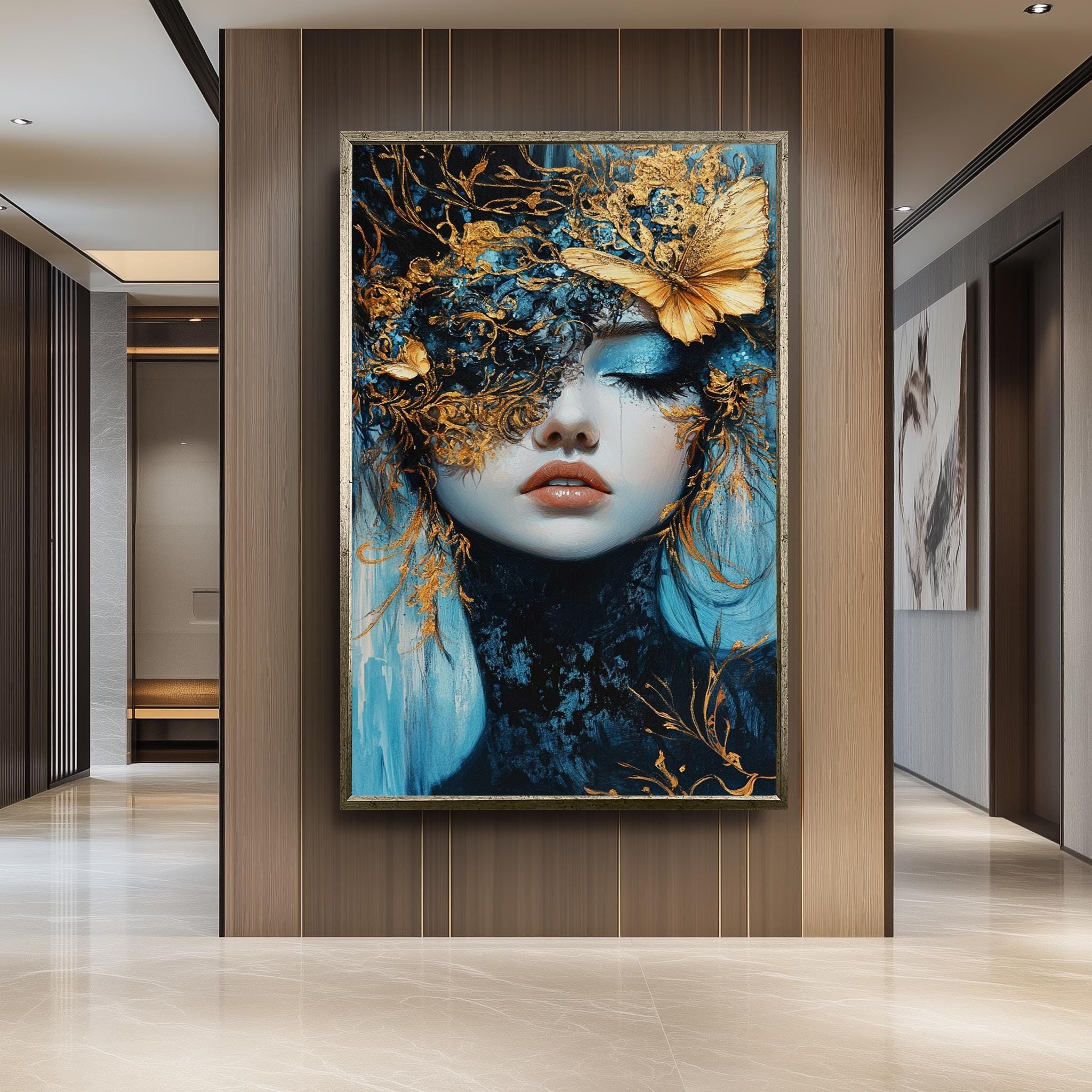 Surreal Wall Art – Elegant Fantasy Portrait with Woman, Gold Mask & Blue Tones