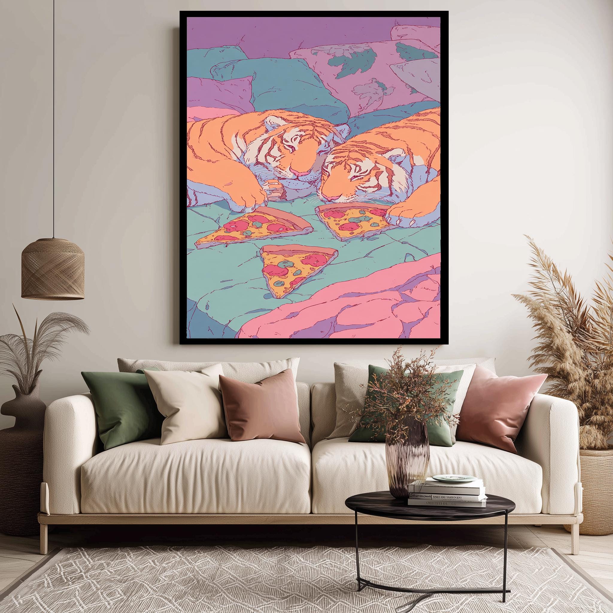 Tiger Pizza Art Print - Cute Pastel Animal Illustration | Whimsical Bedroom Decor