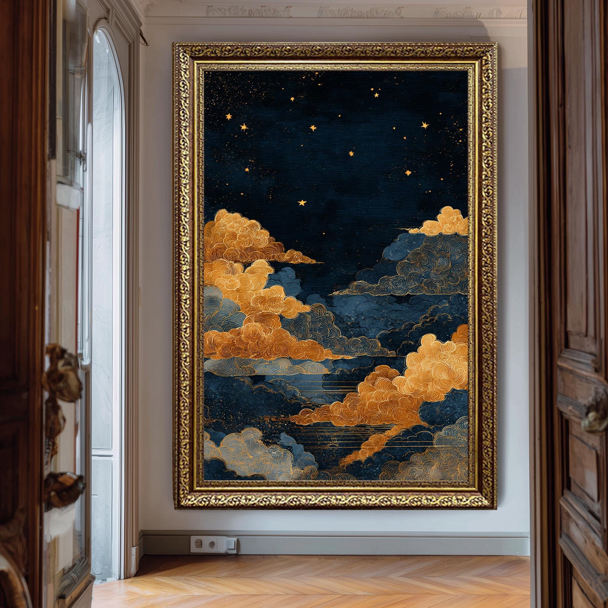 Celestial Wall Art – Golden Cloud Print with Starry Sky Decor for Meditation Room