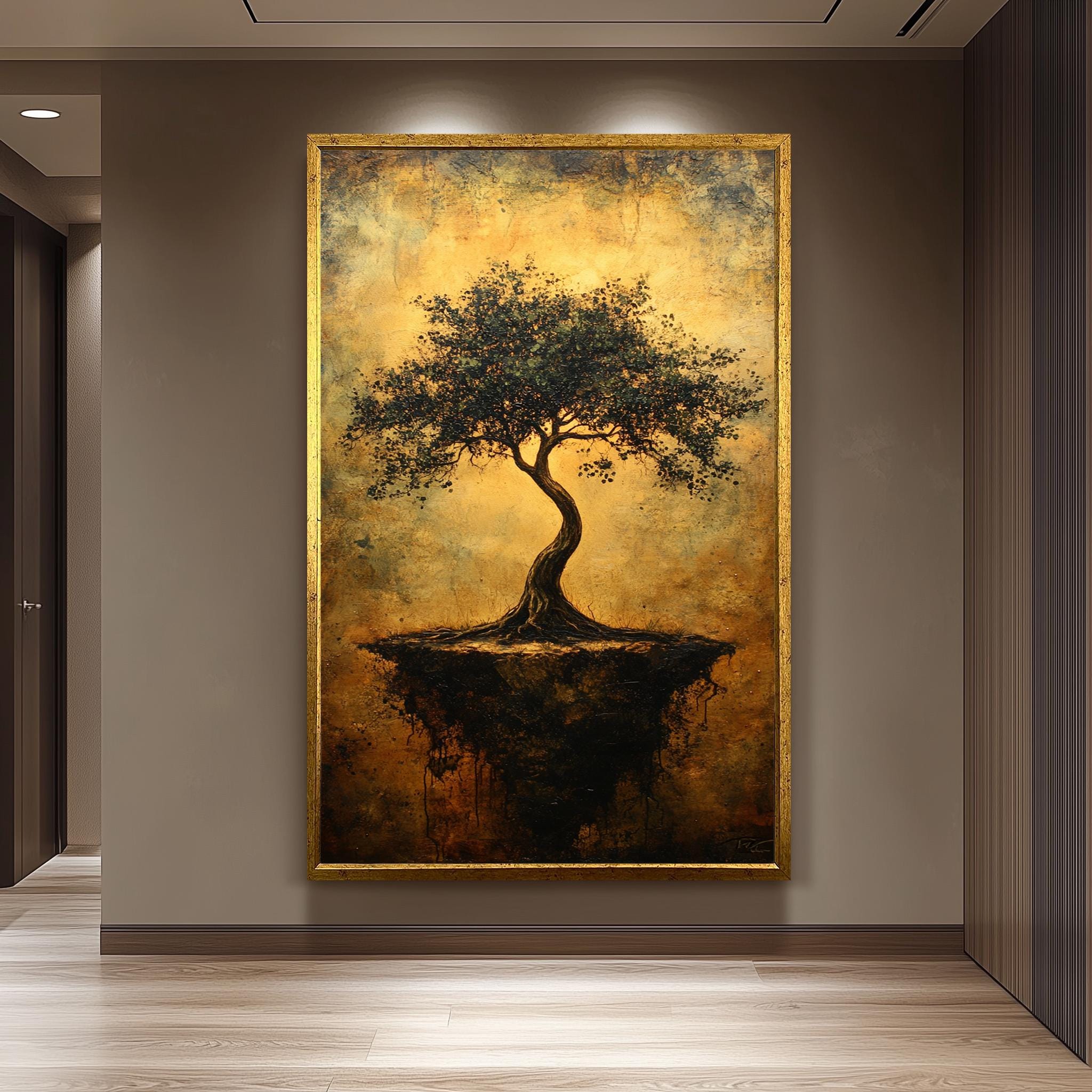 Floating Tree Wall Art – Surreal Nature Canvas with Golden Textured Background