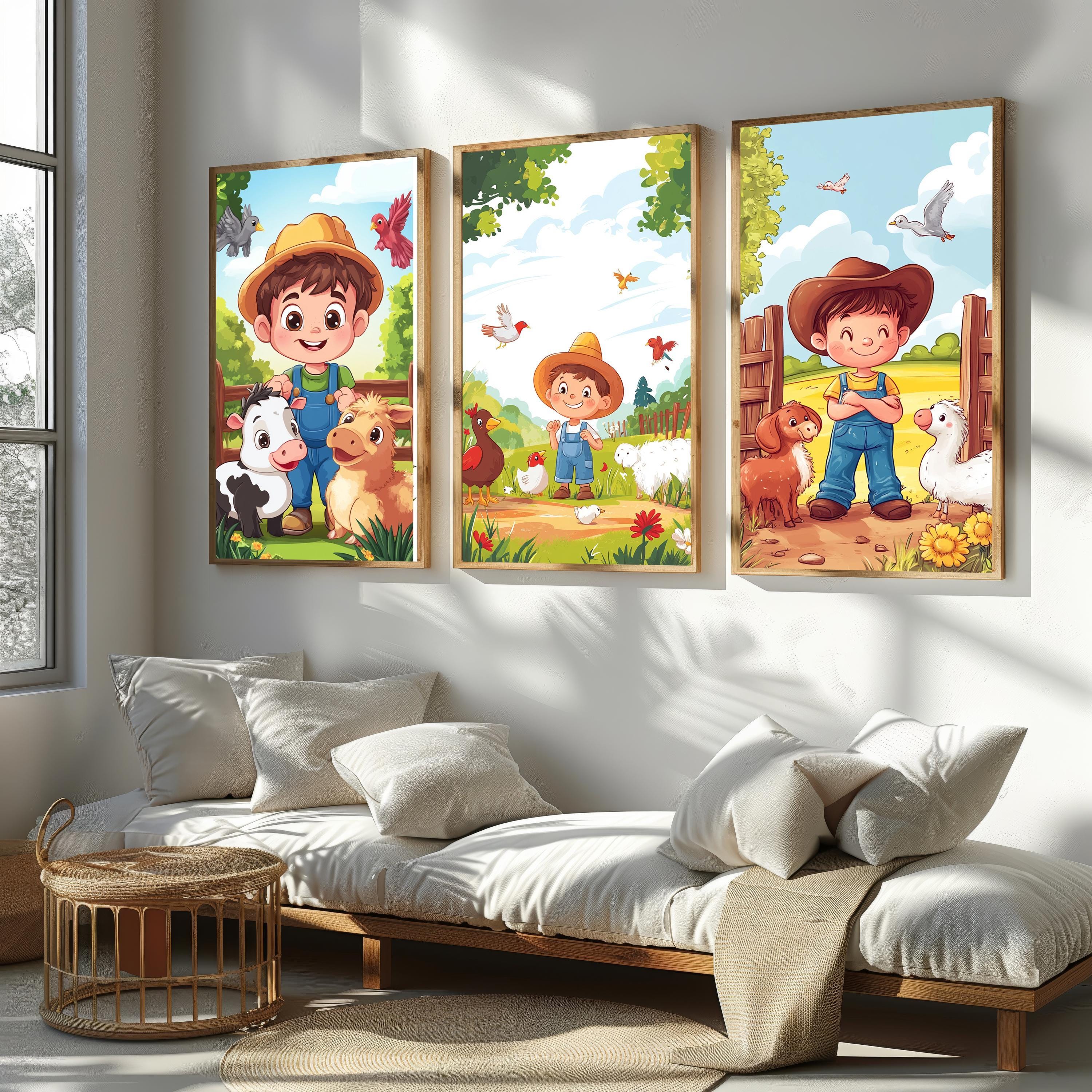 Farm Animal Wall Art - 3 Piece Printable Nursery Art Set | Boy Farmer & Cute Animals