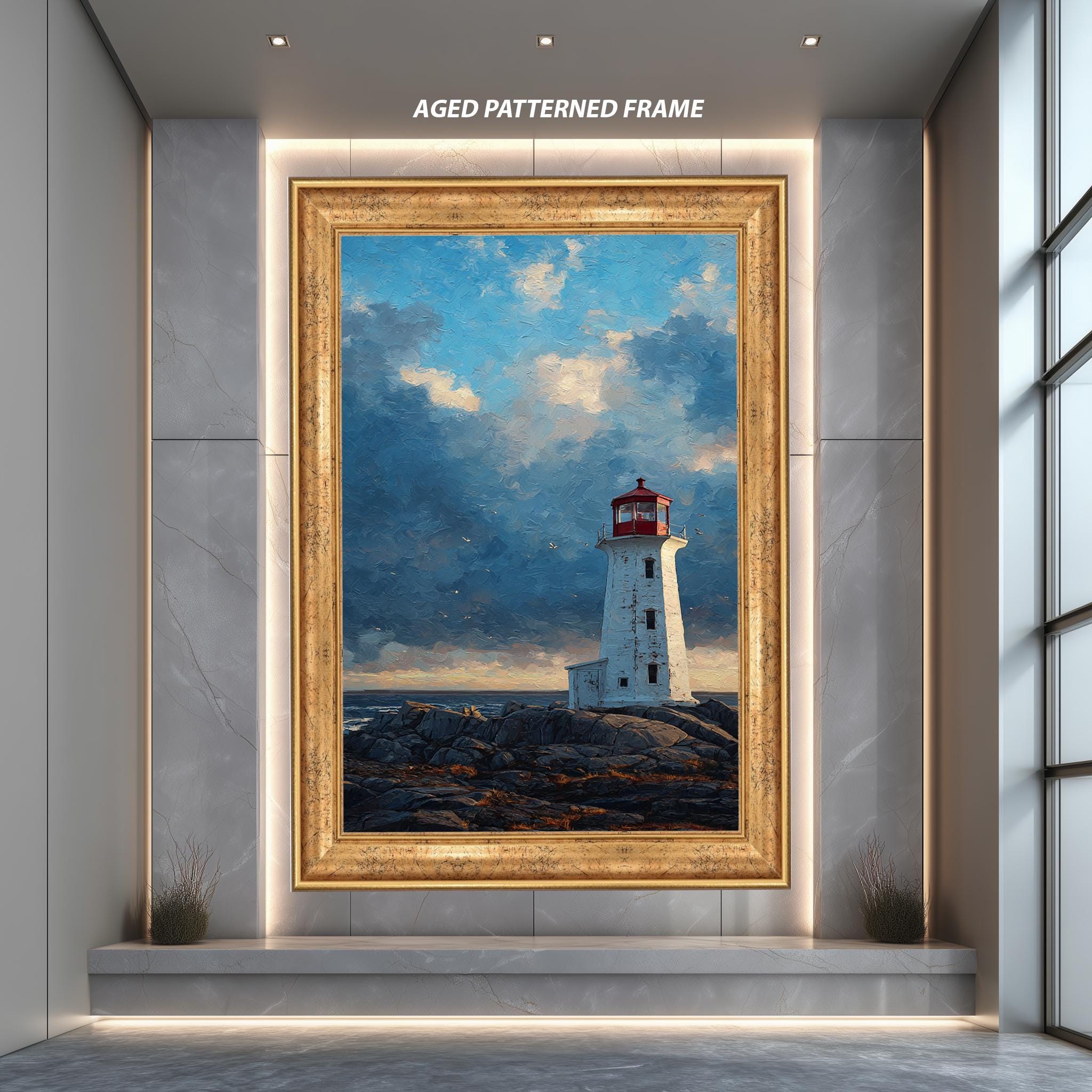 Sunset Lighthouse Art Print – Coastal Wall Print with Ocean View & Dramatic Sky