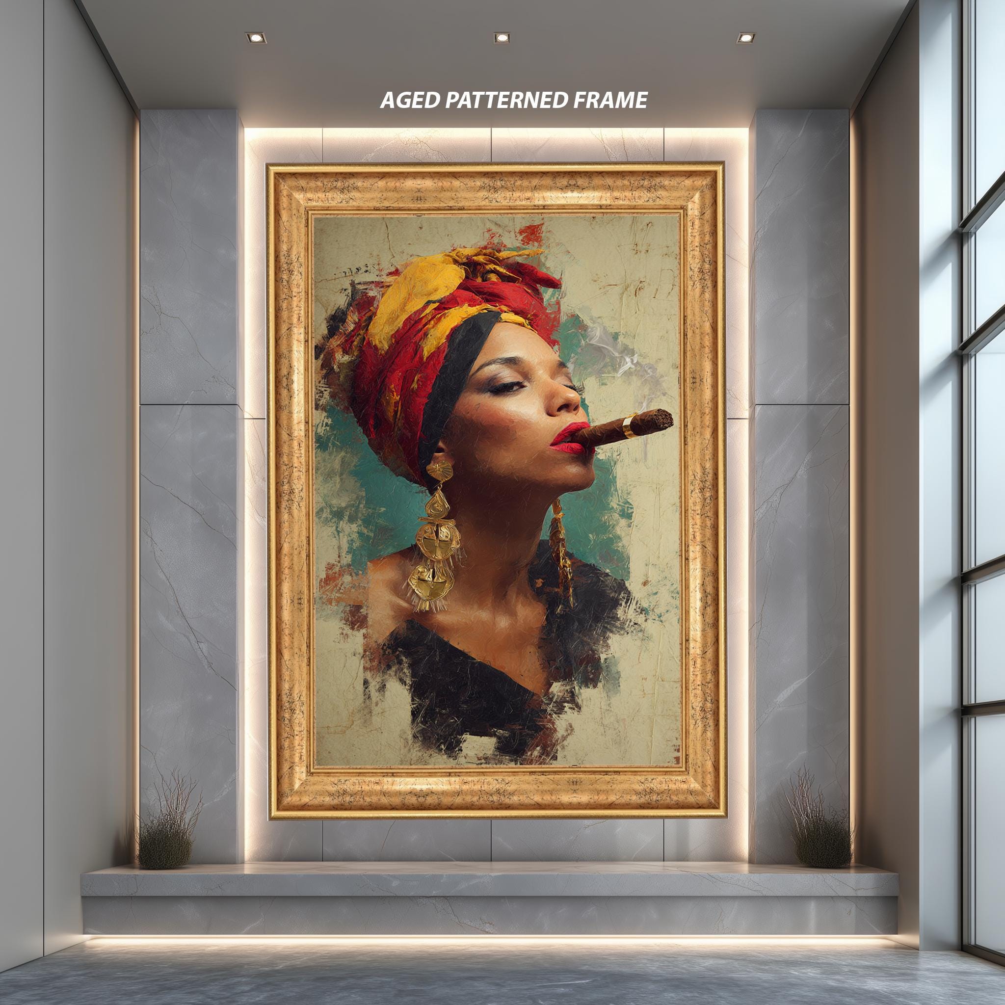 Afro Woman Canvas Art - Bold Cigar Portrait | Vintage Black Decor, Headwrap Wall Art