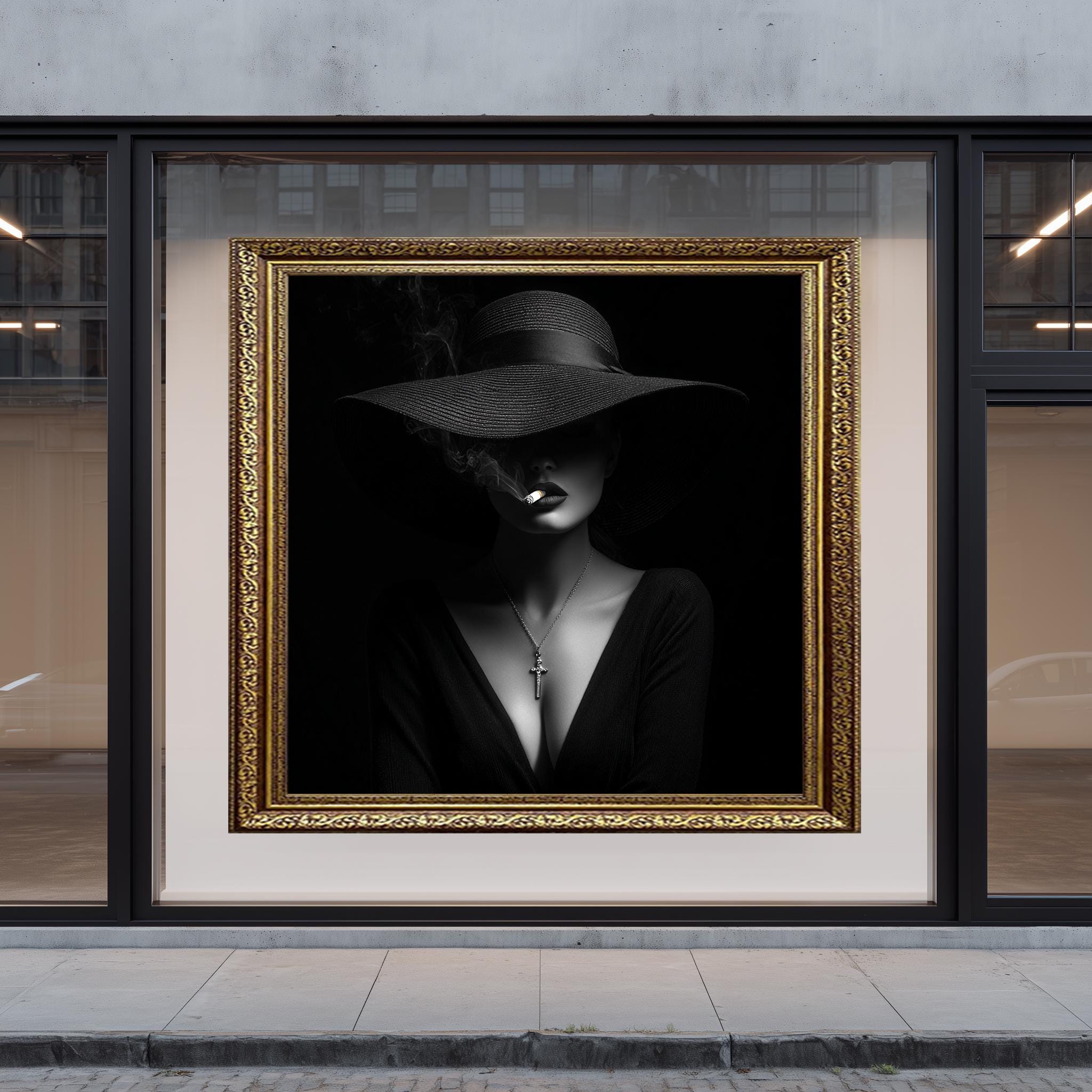 Gothic Art Print – Noir Woman with Hat, Cross Necklace & Moody Elegance