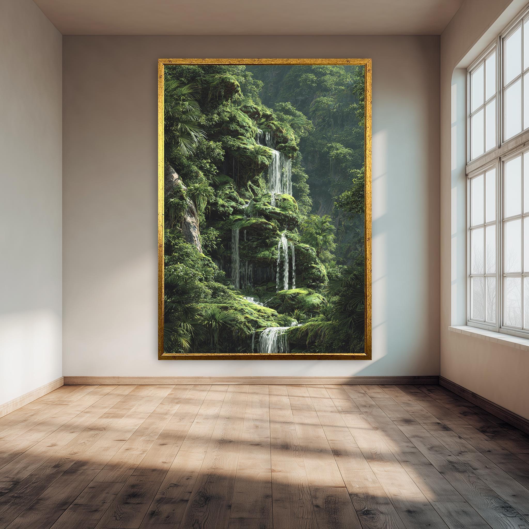 Jungle Waterfall Art Print – Lush Landscape Tropical Wall Decor with Greenery Canvas