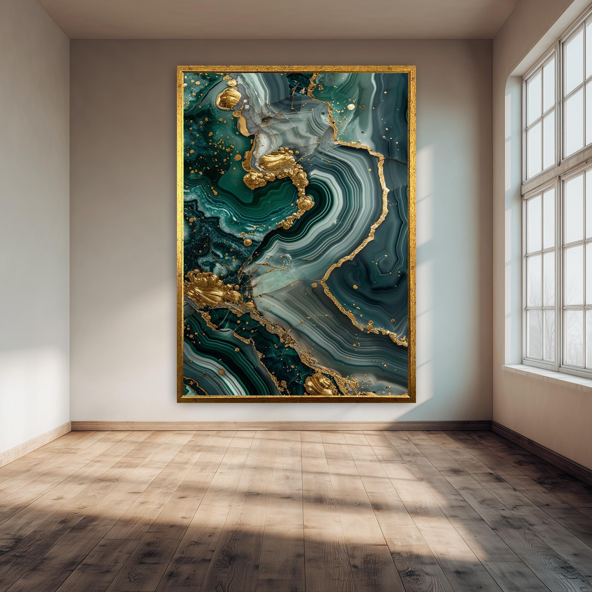 Emerald Geode Wall Art – Luxury Canvas Print | Abstract Green Marble & Gold Accent