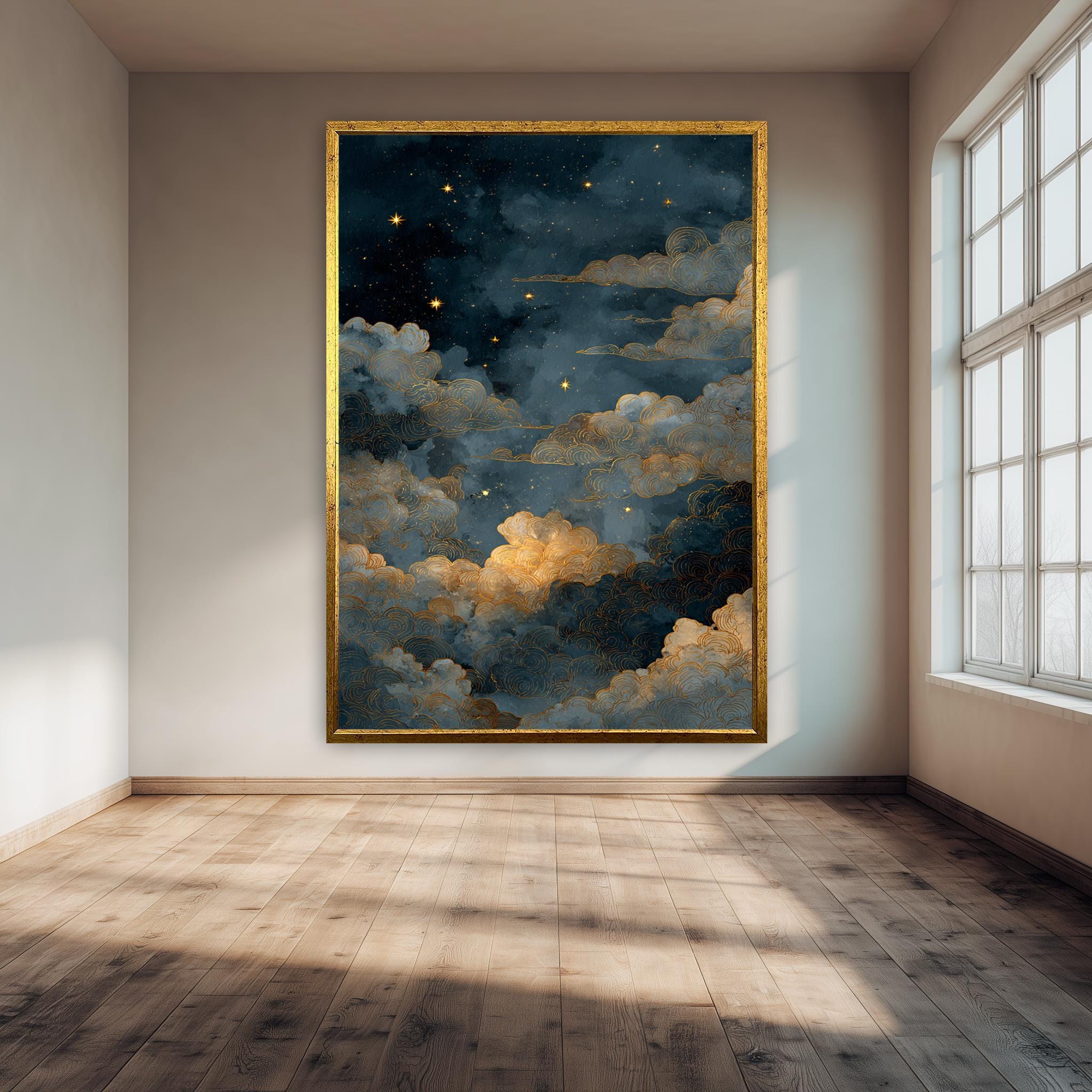 Celestial Canvas Wall Art – Starry Night Print | Blue Gold Wall Decor, Dreamy Bedroom Art