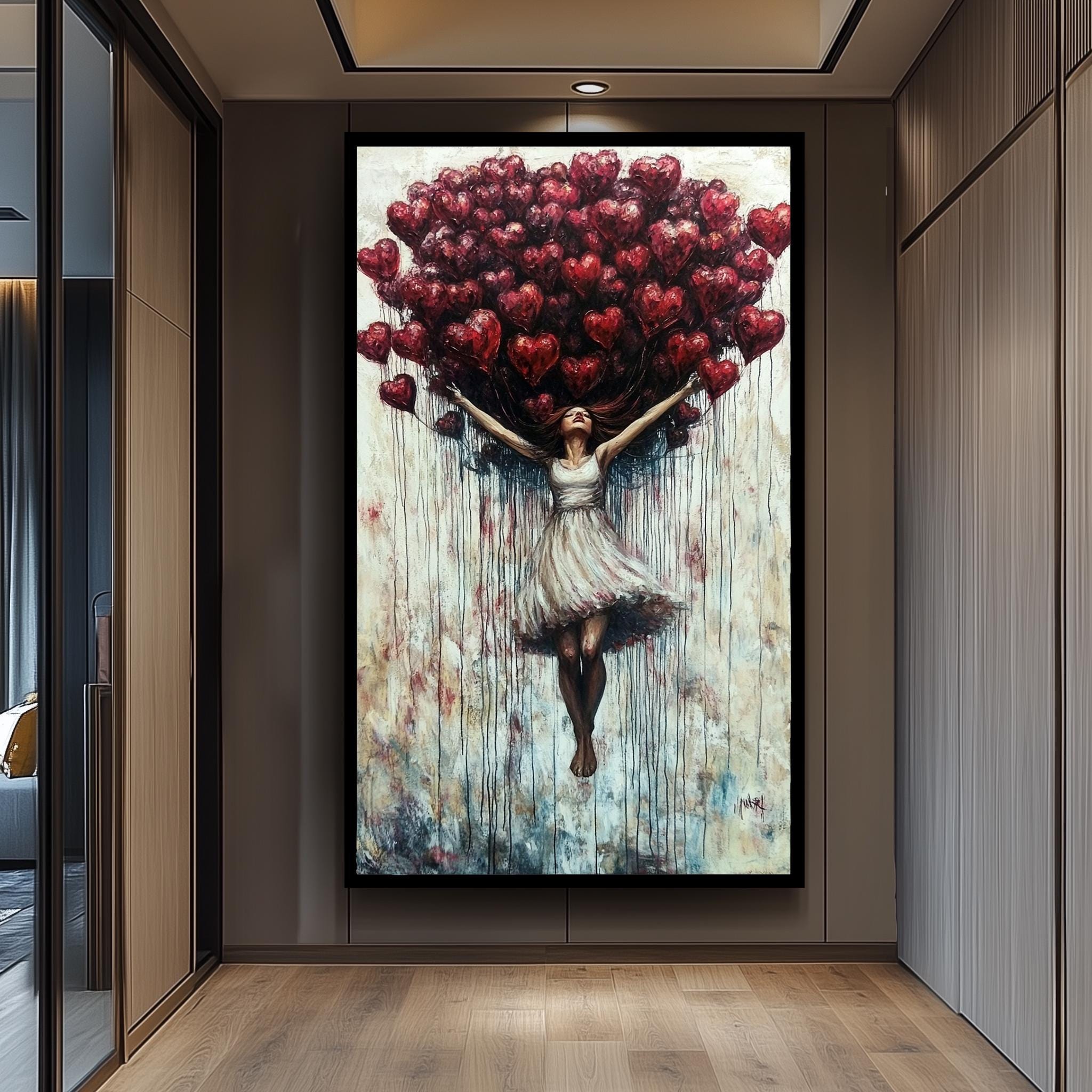 Romantic Wall Art – Woman With Heart Balloons Canvas | Surreal, Whimsical Decor